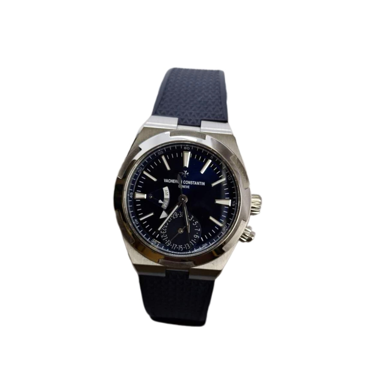 Vacheron Constantin 7920V/210A-B334 Overseas Dual Time in steel, Sunburst satin-finished lacquered blue dial, Dark Blue Rubber Strap