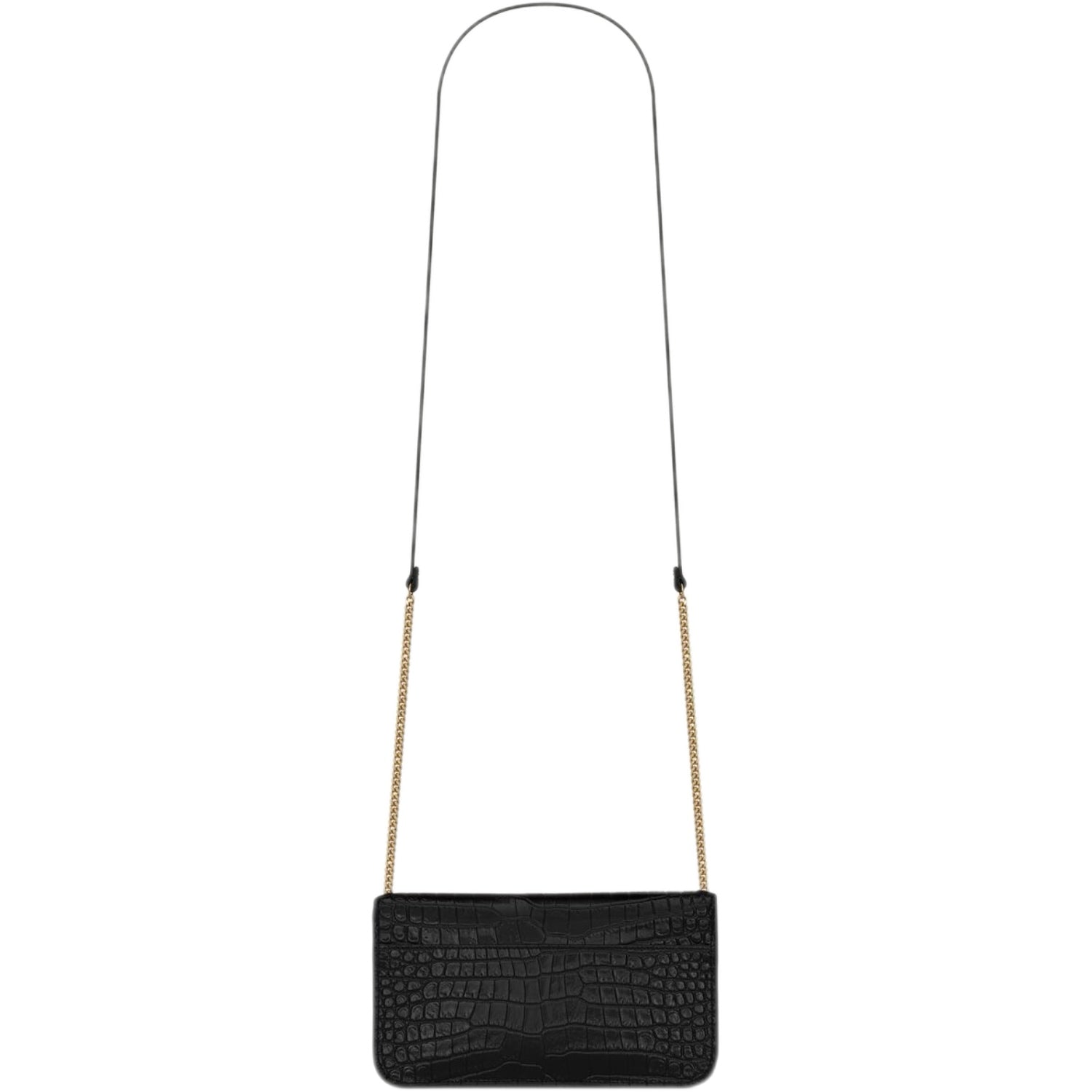 YSL Cassandre Phone Holder in Shiny Crocodile-Embossed Leather (Black)