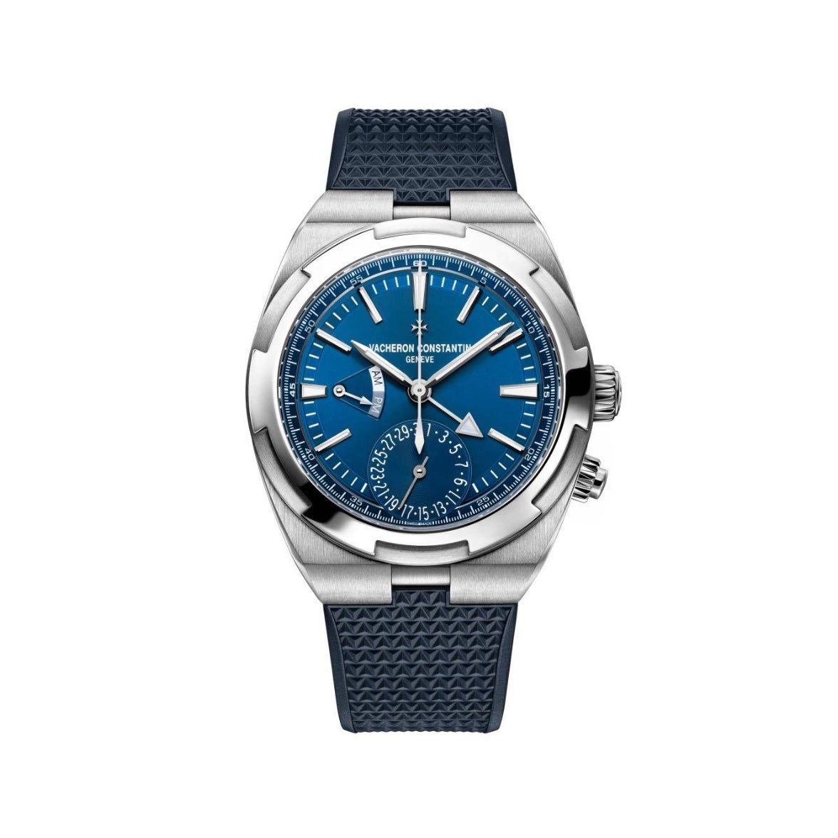 Vacheron Constantin 7920V/210A-B334 Overseas Dual Time in steel, Sunburst satin-finished lacquered blue dial, Dark Blue Rubber Strap