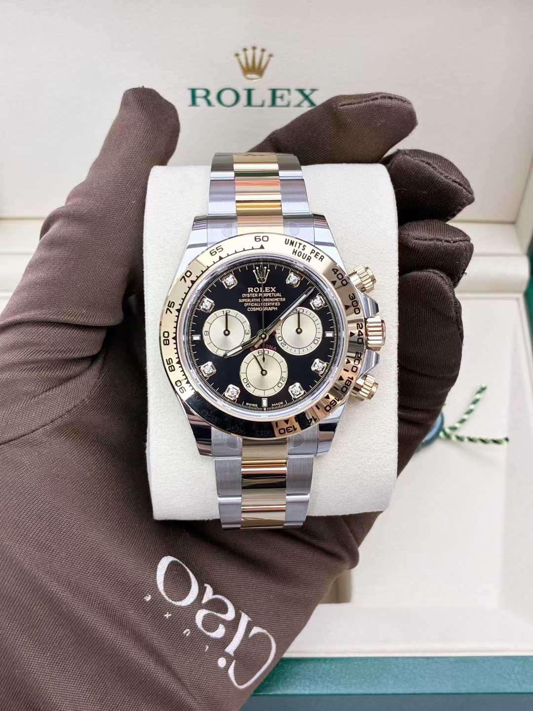 Cosmograph Daytona Stainless Steel and Yellow Gold Black and Golden Diamond-Set Dial Men's Watch