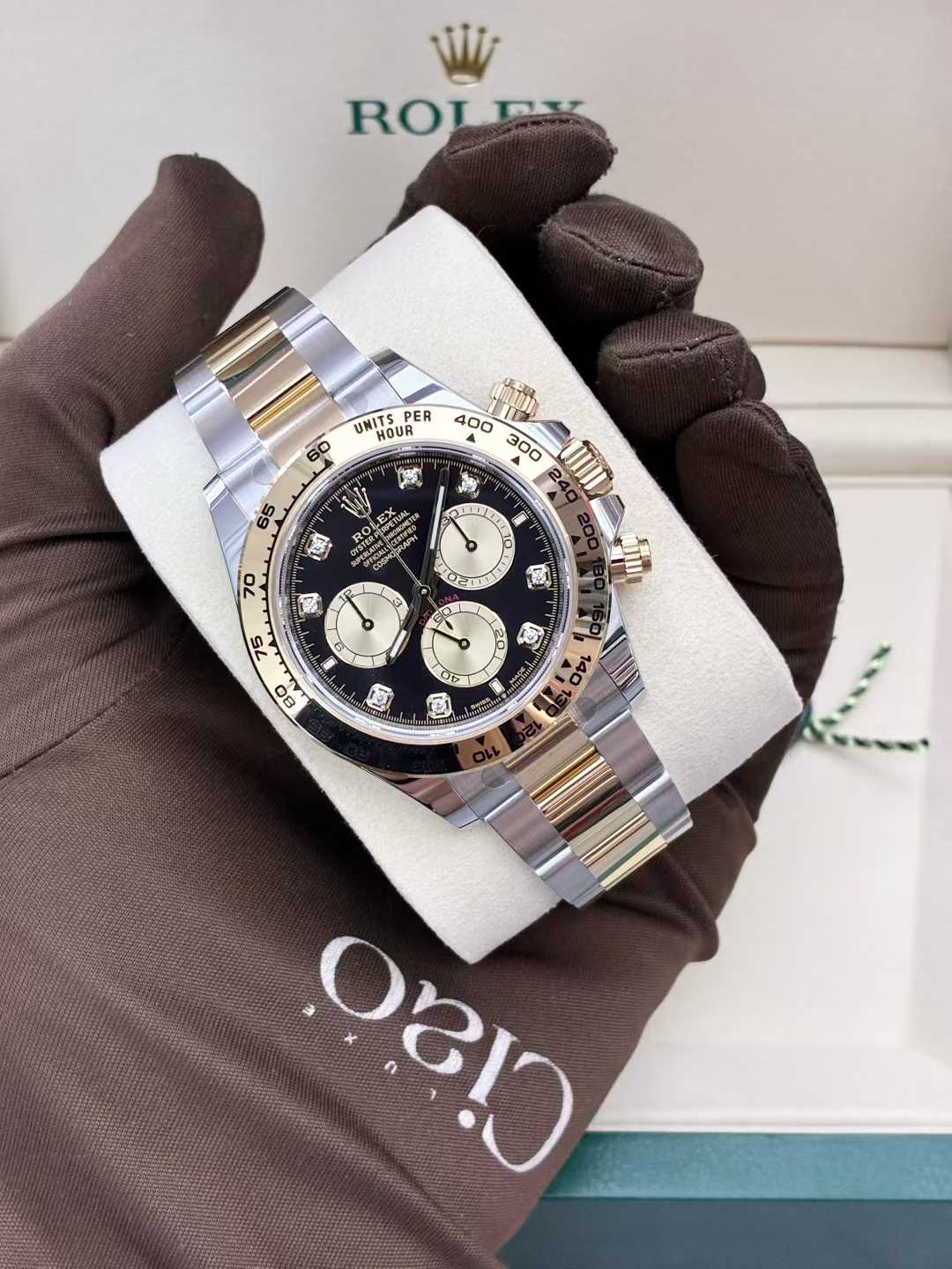 Cosmograph Daytona Stainless Steel and Yellow Gold Black and Golden Diamond-Set Dial Men's Watch