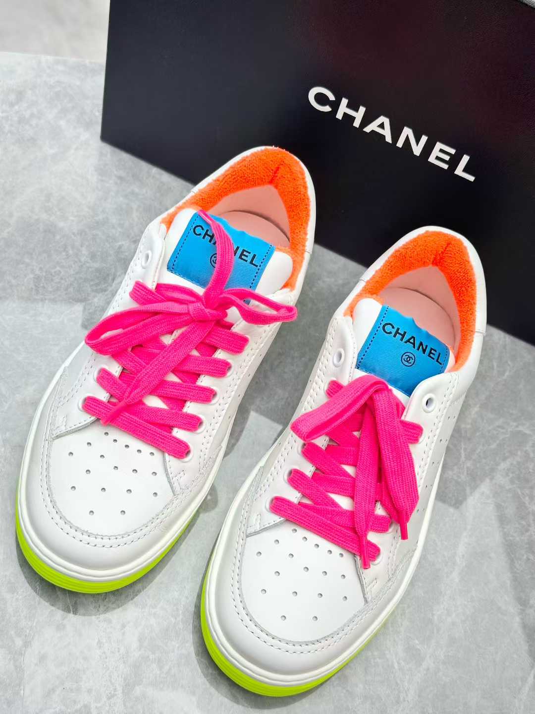 Chanel 20P white leather low top sneakers, multicolor neon accents, size 36.5