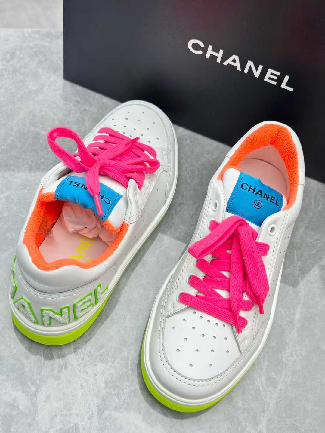 Chanel 20P white leather low top sneakers, multicolor neon accents, size 36.5