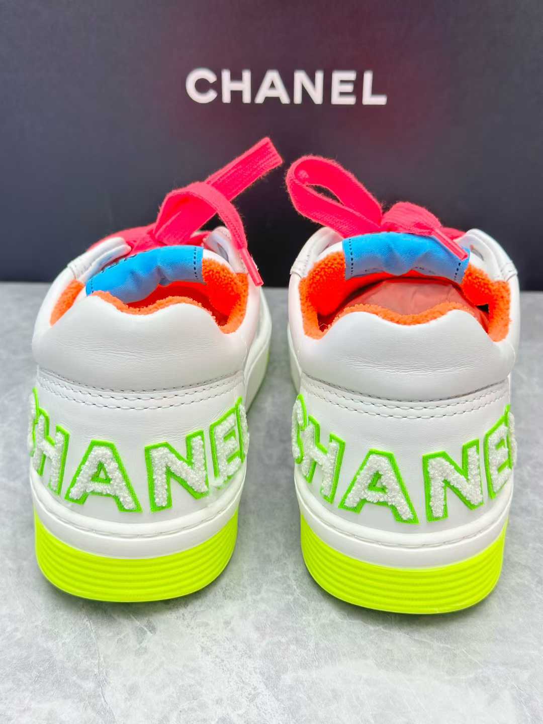 Chanel 20P white leather low top sneakers, multicolor neon accents, size 36.5