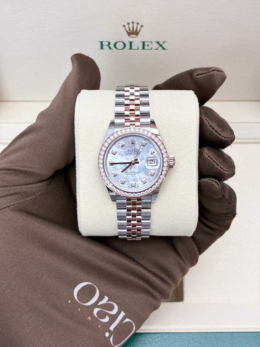 Rolex Lady-Datejust 28 model 279381RBR, featuring a 28mm stainless steel and 18ct Everose gold case with a diamond bezel, a white mother-of-pearl dial with diamond hour markers, and a Jubilee bracelet