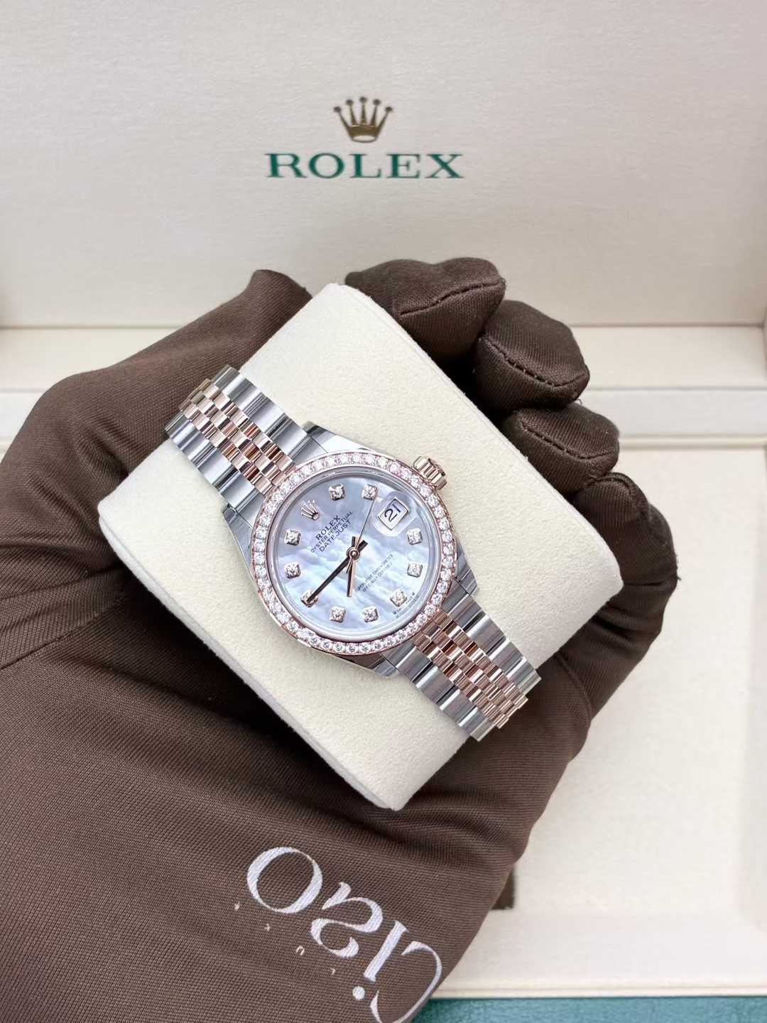 Rolex Lady-Datejust 28 model 279381RBR, featuring a 28mm stainless steel and 18ct Everose gold case with a diamond bezel, a white mother-of-pearl dial with diamond hour markers, and a Jubilee bracelet
