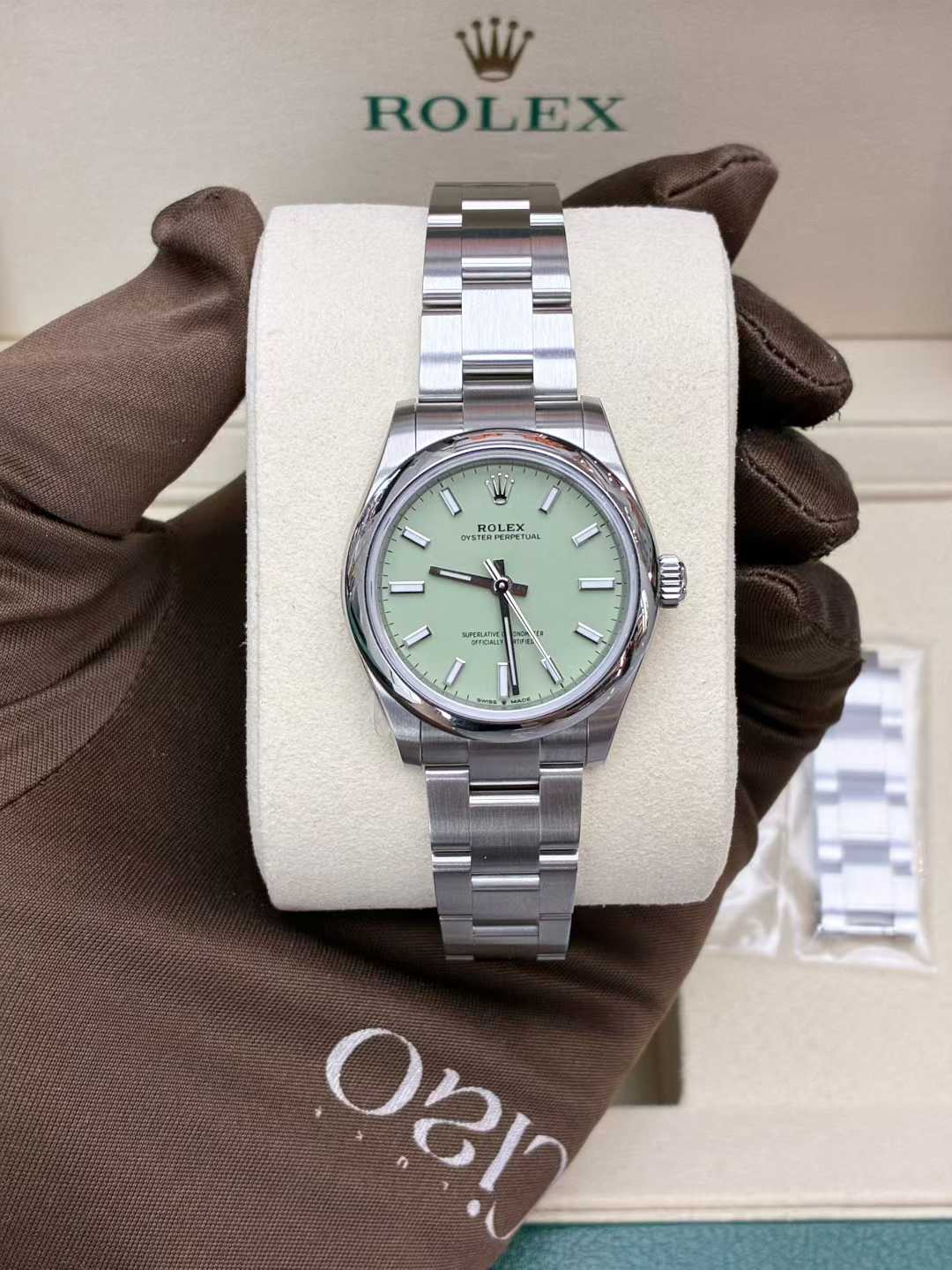 Rolex Oyster Perpetual with the distinctive pistachio green dial (3 sizes available)