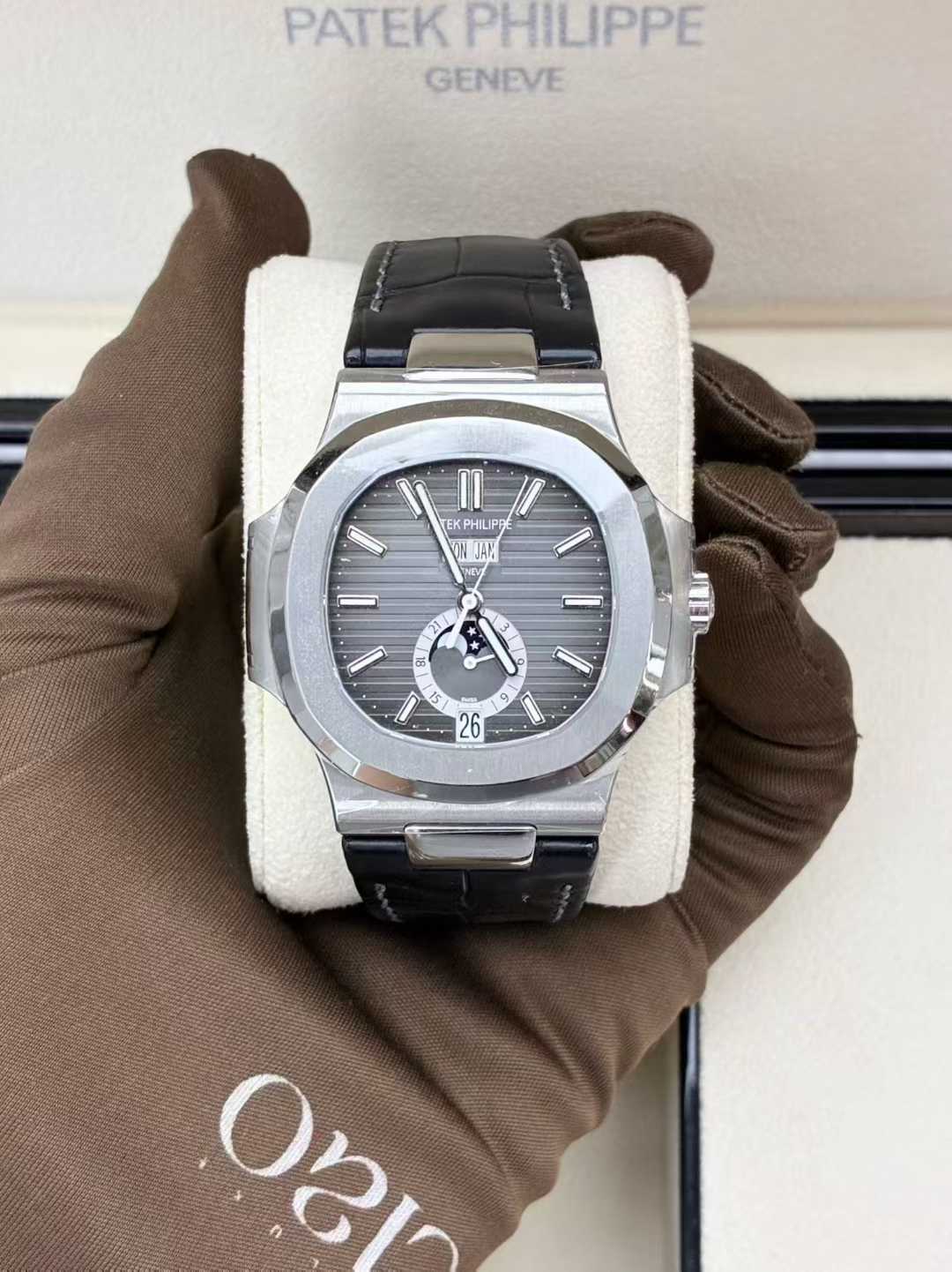 Patek Philippe Nautilus Annual Calendar Moonphase, reference number 5726A-001, featuring a stainless steel case and a black alligator strap