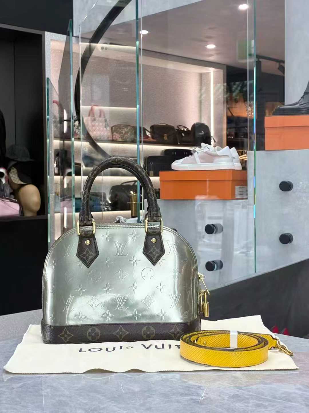 Louis Vuitton Alma Metallic Monogram Vernis BB Bitume Metallise Metallic Gray