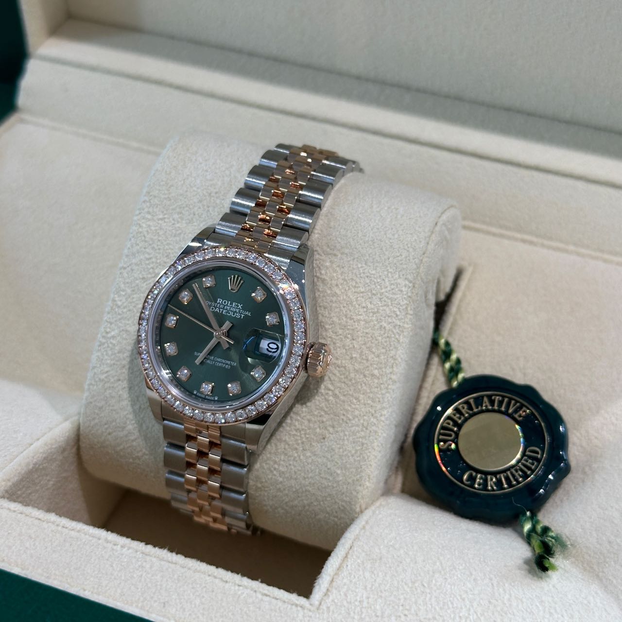 ROLEX 279381RBR DATEJUST 28 WITH OYSTERSTEEL AND Everrose Gold and Diamond, olive green diamond Dial, Jubilee bracelet