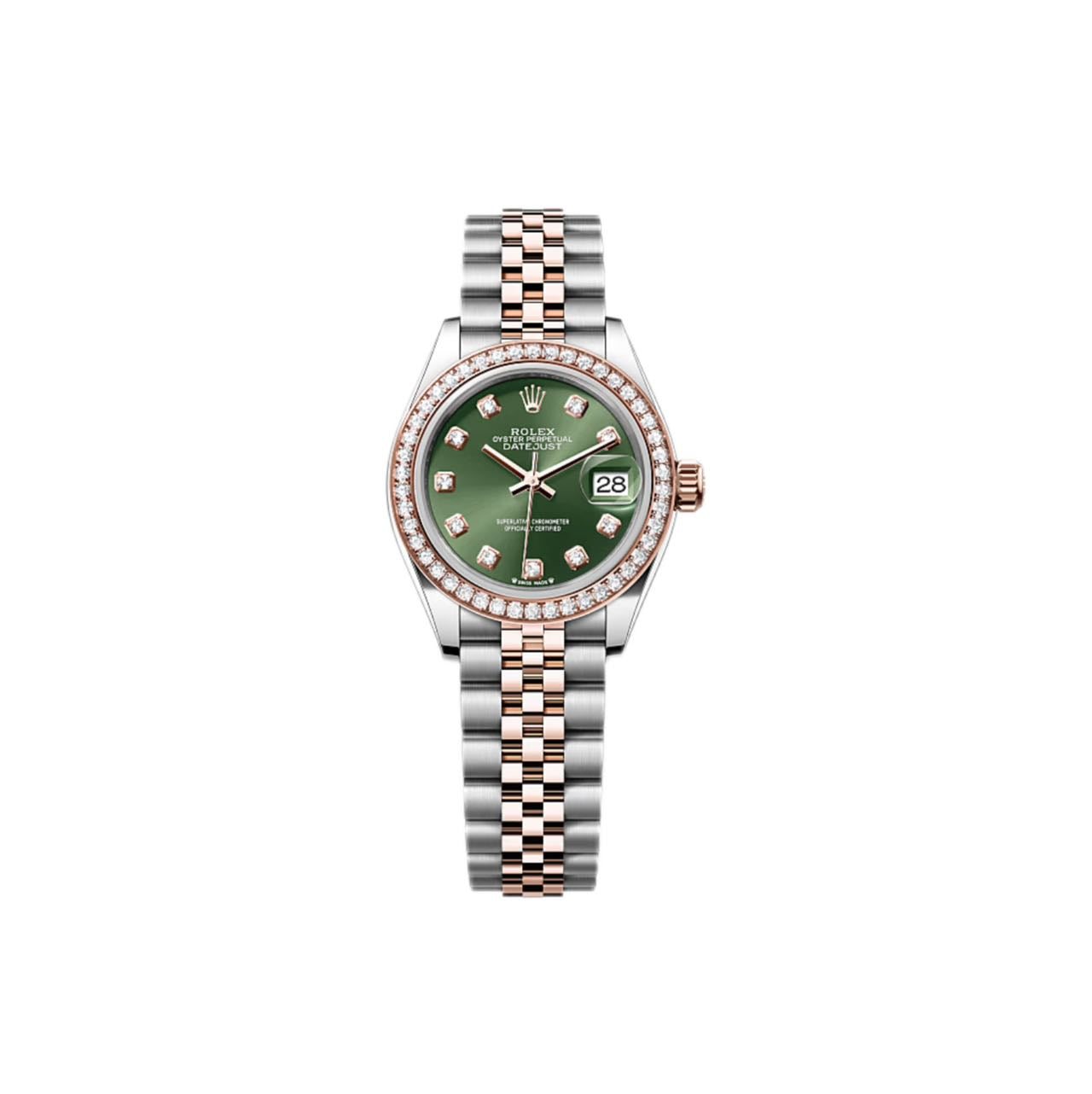 ROLEX 279381RBR DATEJUST 28 WITH OYSTERSTEEL AND Everrose Gold and Diamond, olive green diamond Dial, Jubilee bracelet