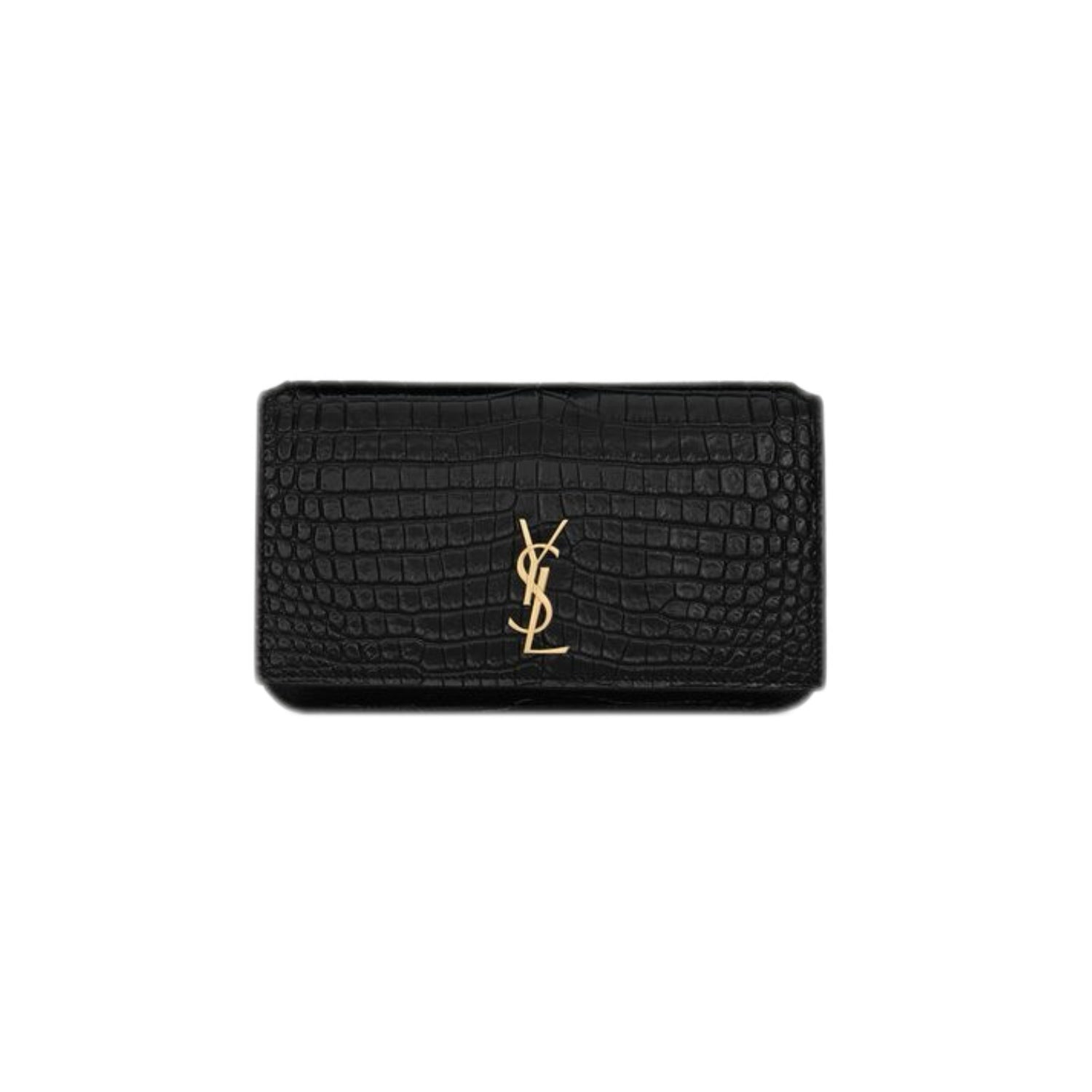 YSL Cassandre Phone Holder in Shiny Crocodile-Embossed Leather (Black)