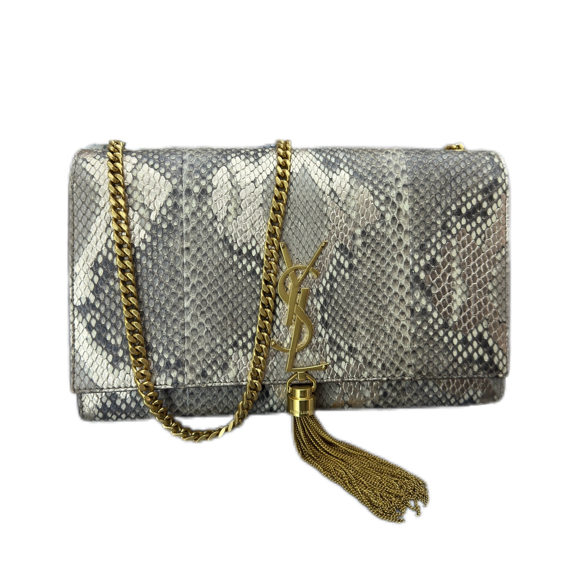 YSL Saint Laurent Metallic Gold Python Medium Kate Tassel Shoulder Bag (Silver)