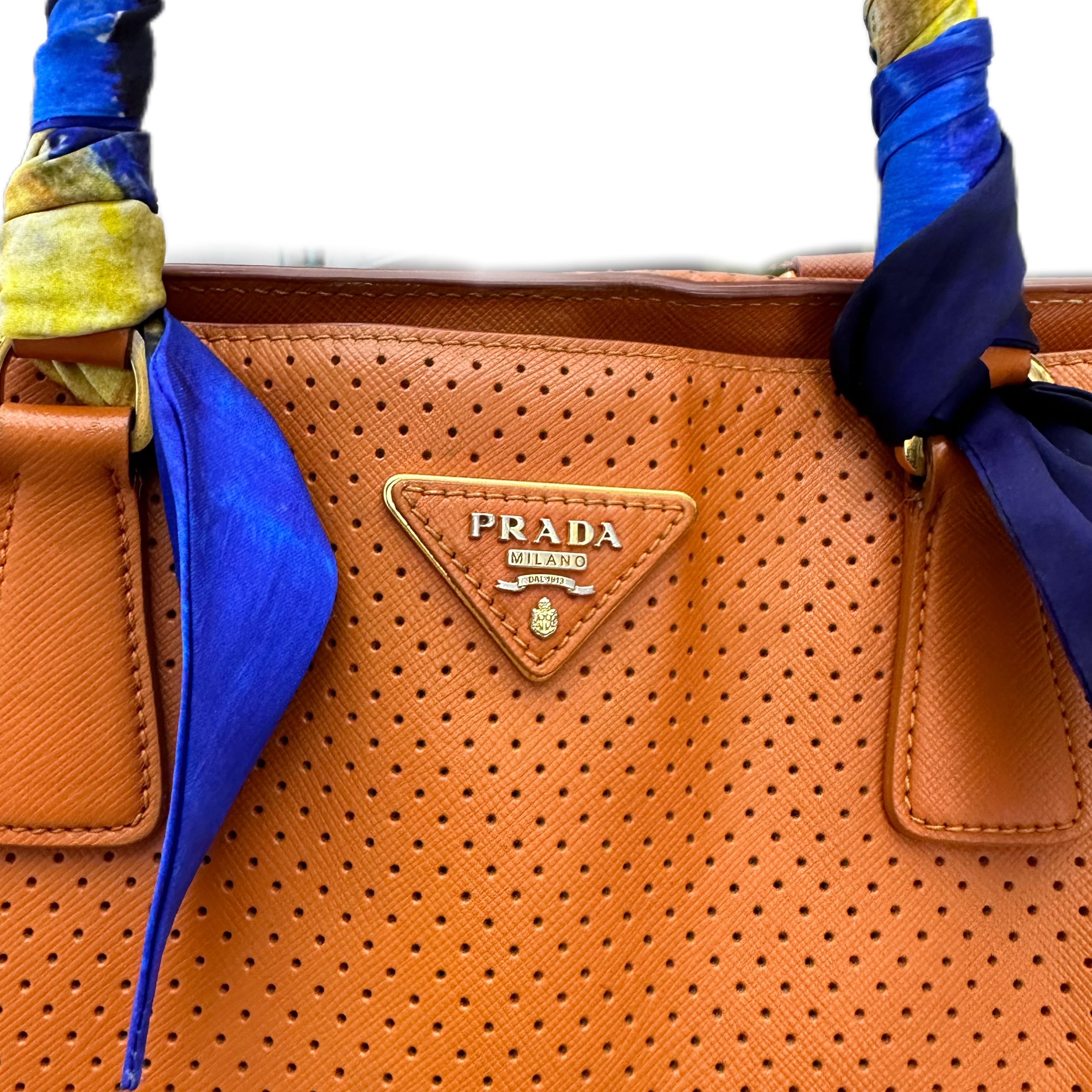 Prada Saffiano Vernice Fori Leather Perforated Tote Bag (Orange)