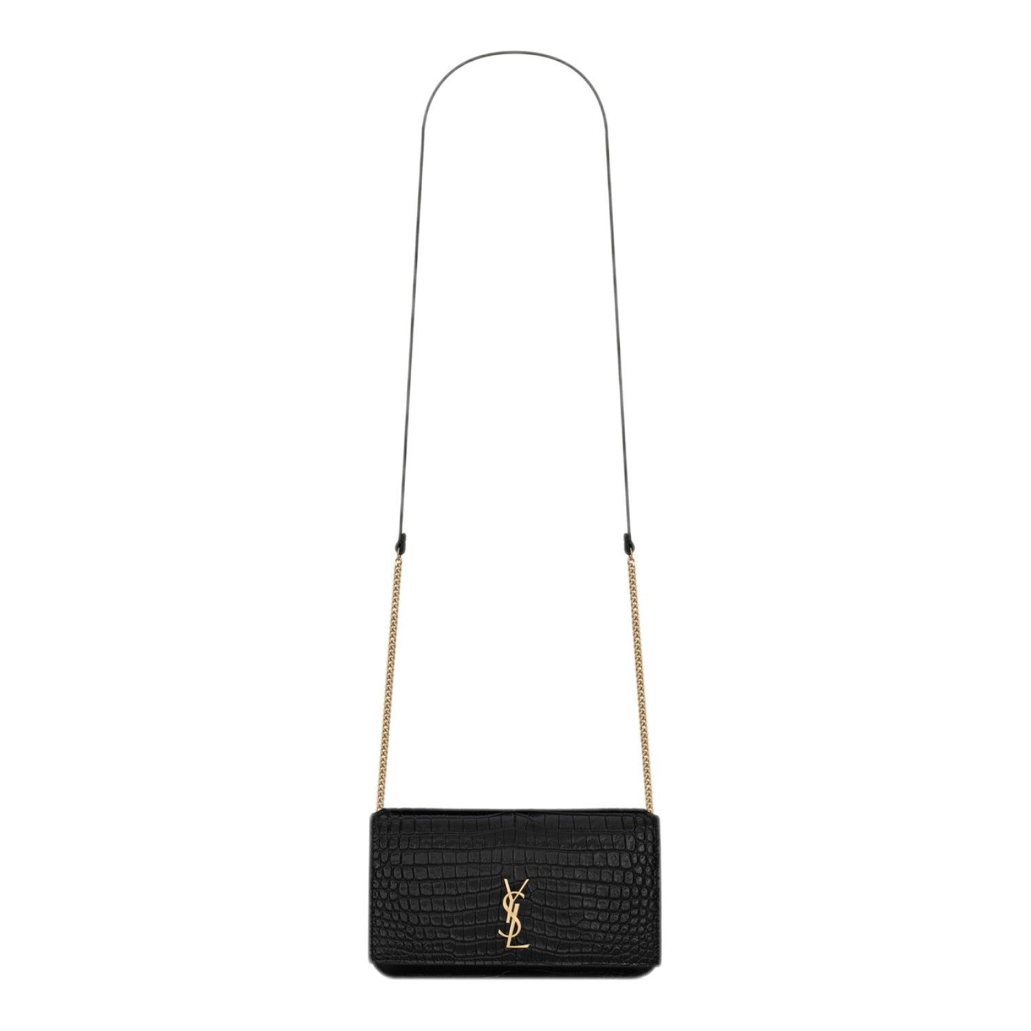 YSL Cassandre Phone Holder in Shiny Crocodile-Embossed Leather (Black)