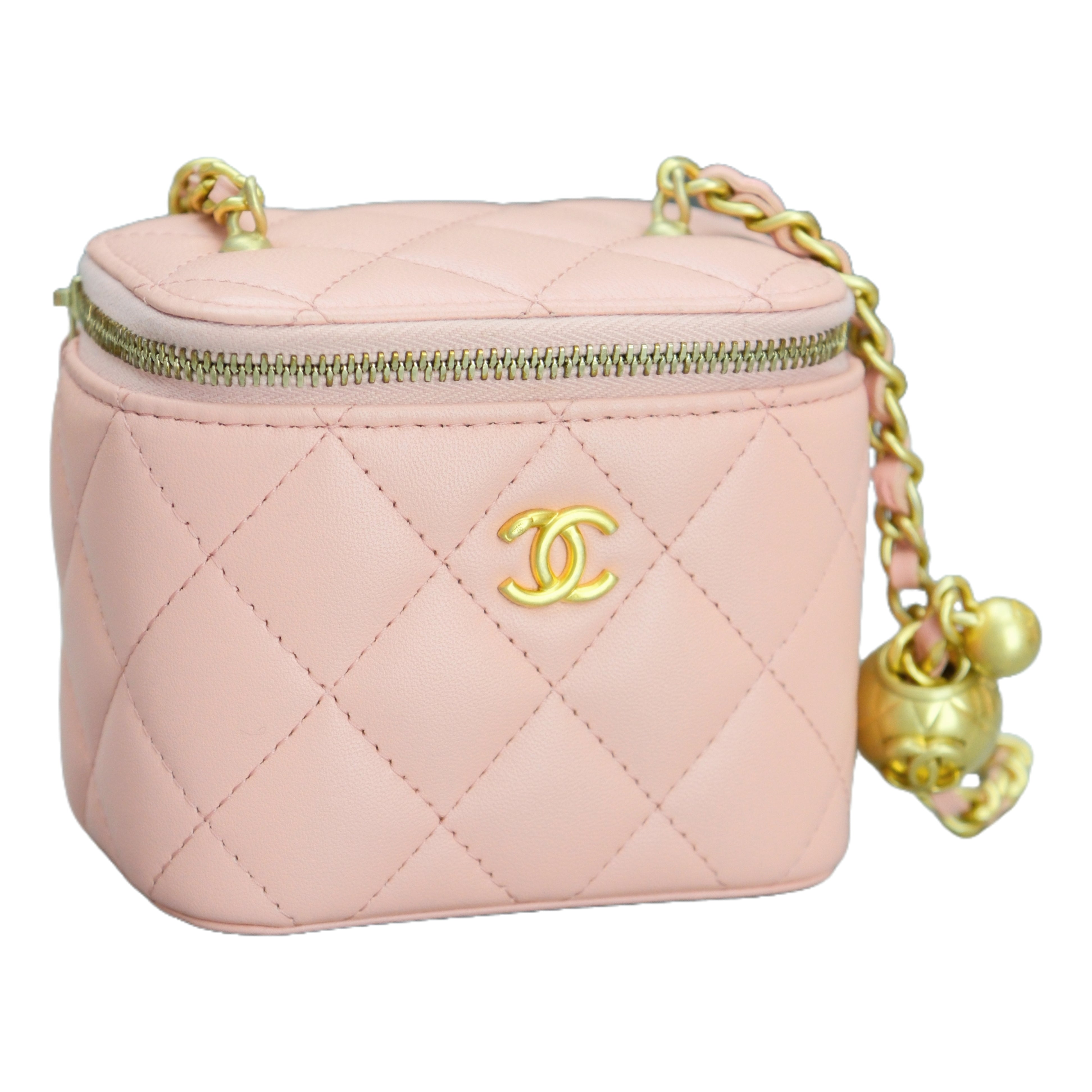 CHANEL MINI Vanity Case with Pearl Crush Clutch with Chain （Pink Caviar)