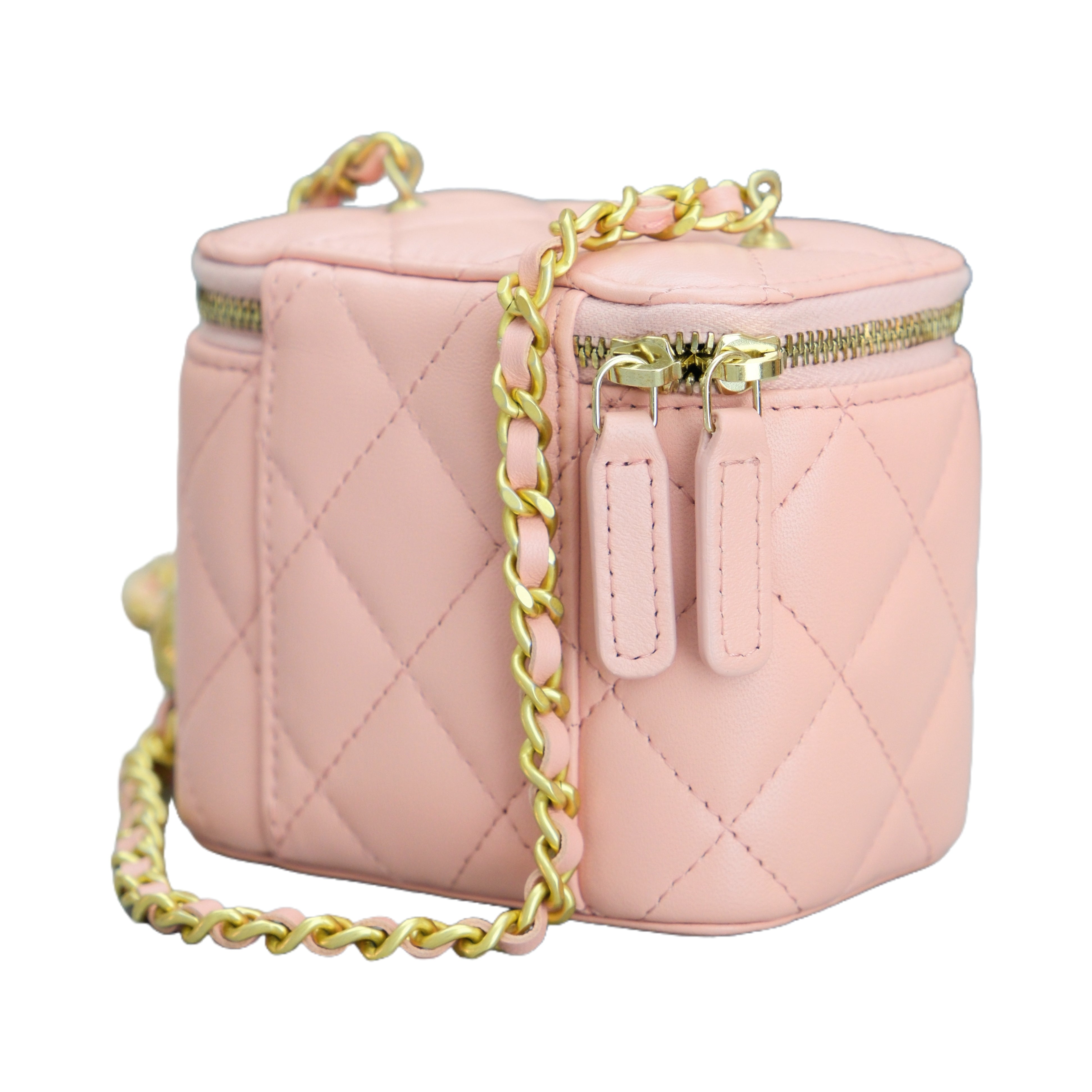 CHANEL MINI Vanity Case with Pearl Crush Clutch with Chain （Pink Caviar)