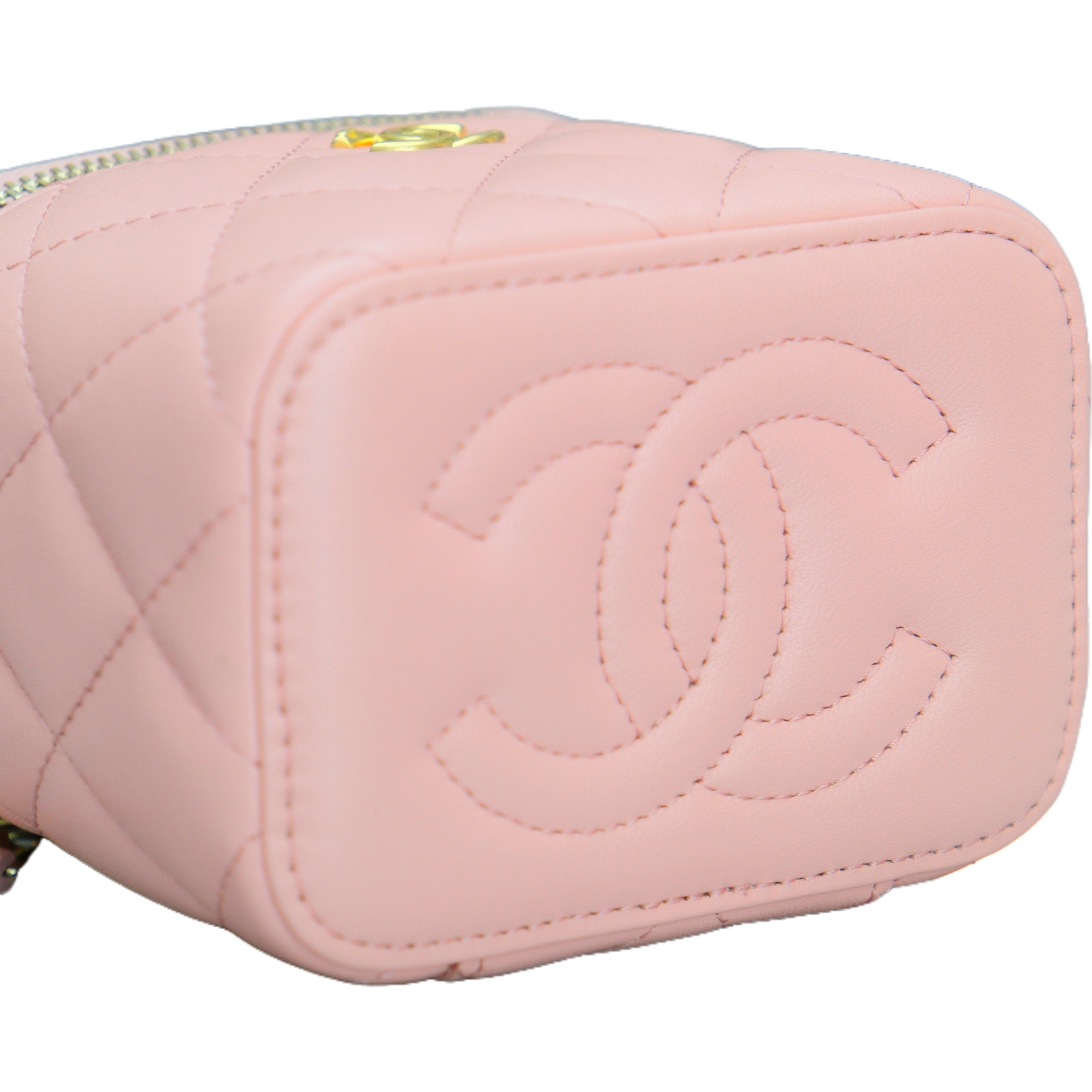 CHANEL MINI Vanity Case with Pearl Crush Clutch with Chain （Pink Caviar)