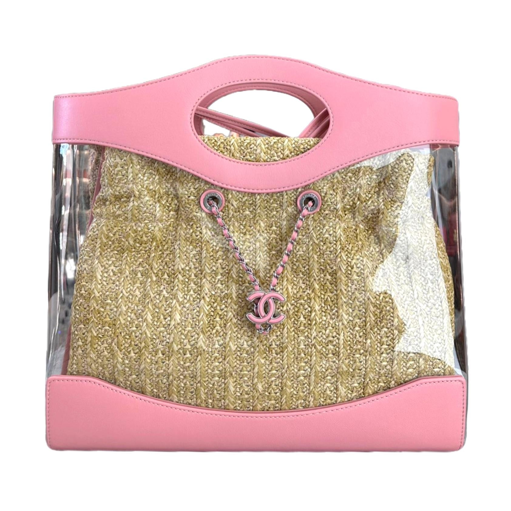 Chanel 31 Shopping Bag in PVC and Calfskin Leather Straw Edition with Silver Metal (Pink and Clear)