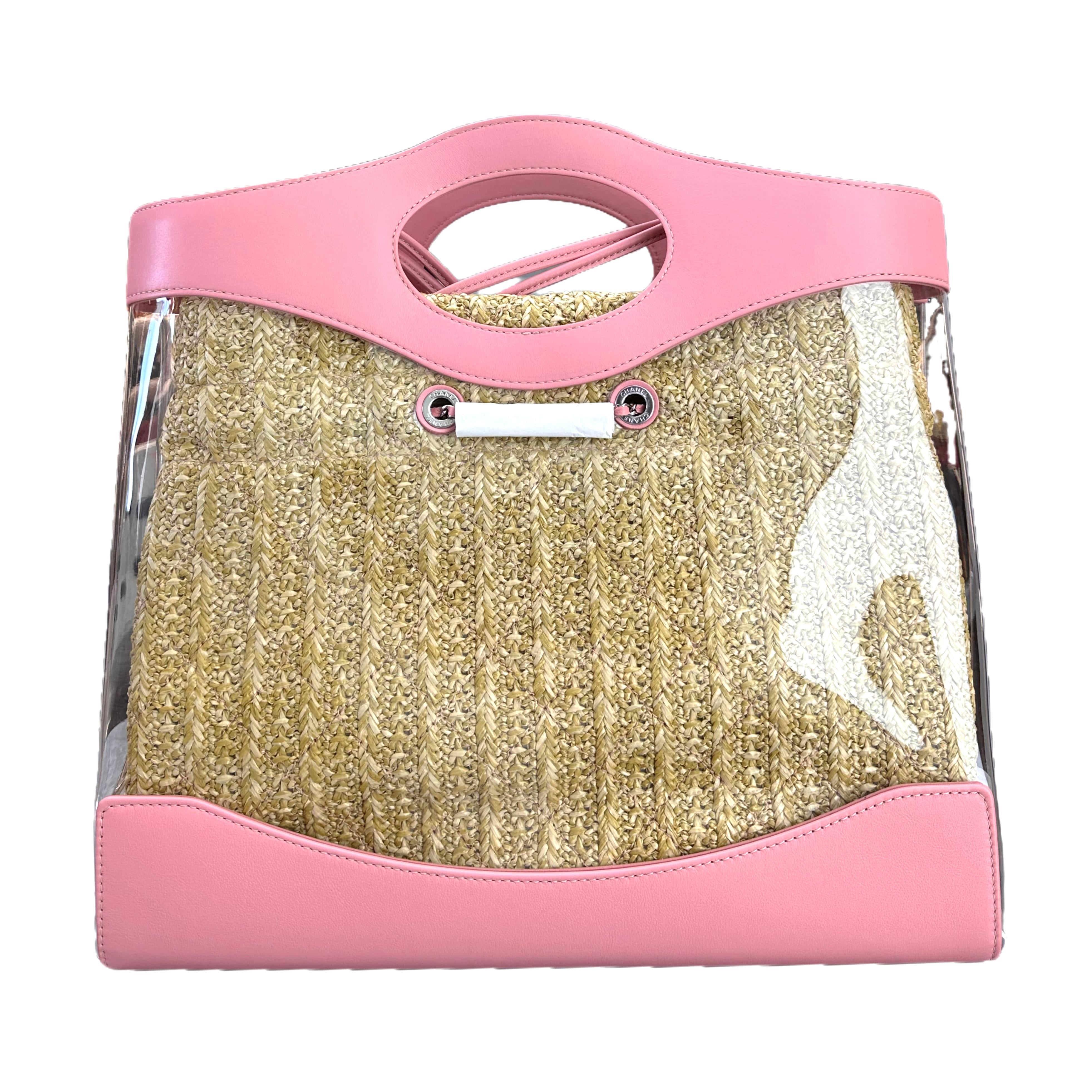 Chanel 31 Shopping Bag in PVC and Calfskin Leather Straw Edition with Silver Metal (Pink and Clear)