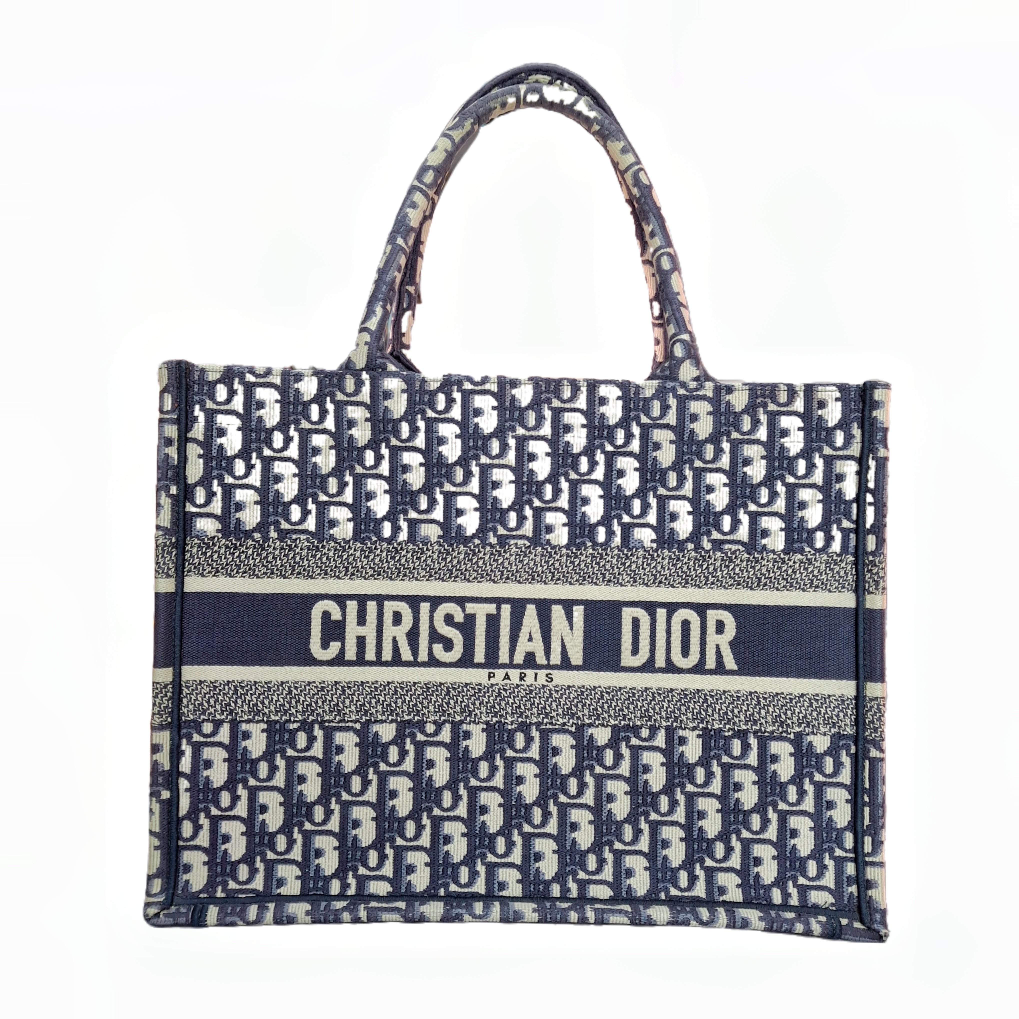 CHRISTIAN DIOR Medium Dior Book Tote in Dior Oblique Embroidery (Blue)