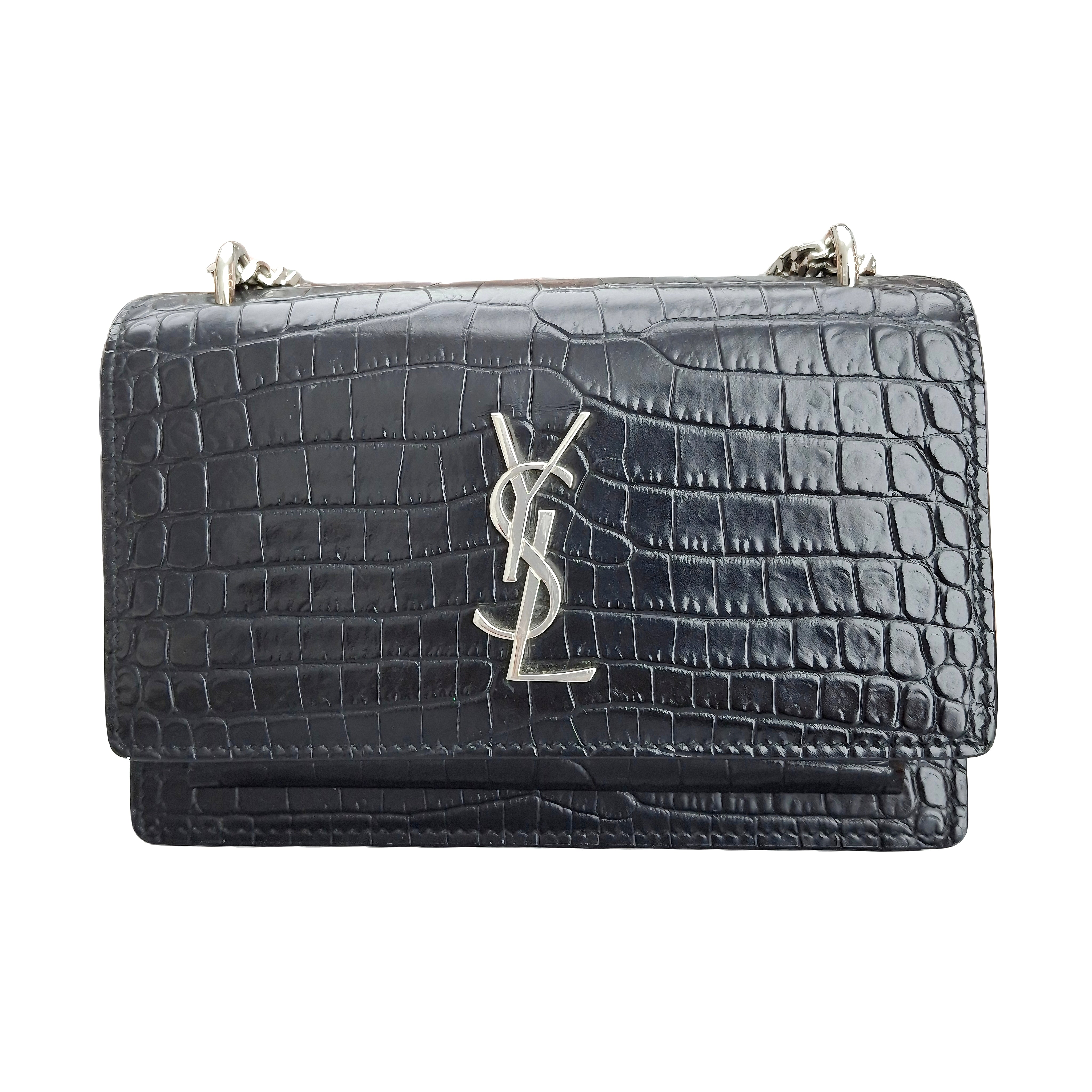 YSL Sunset Medium in Black Crocodile-Embossed Leather