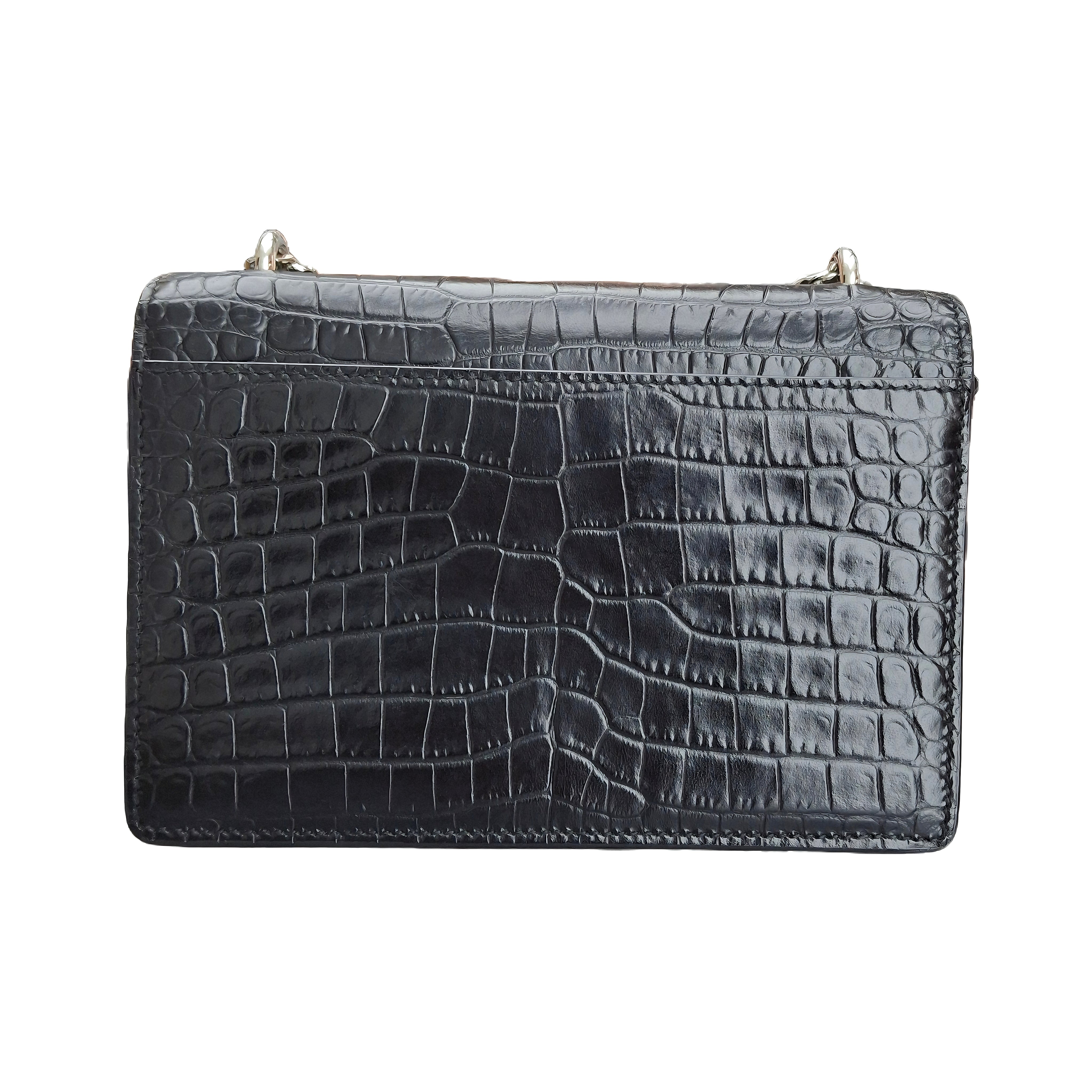 YSL Sunset Medium in Black Crocodile-Embossed Leather