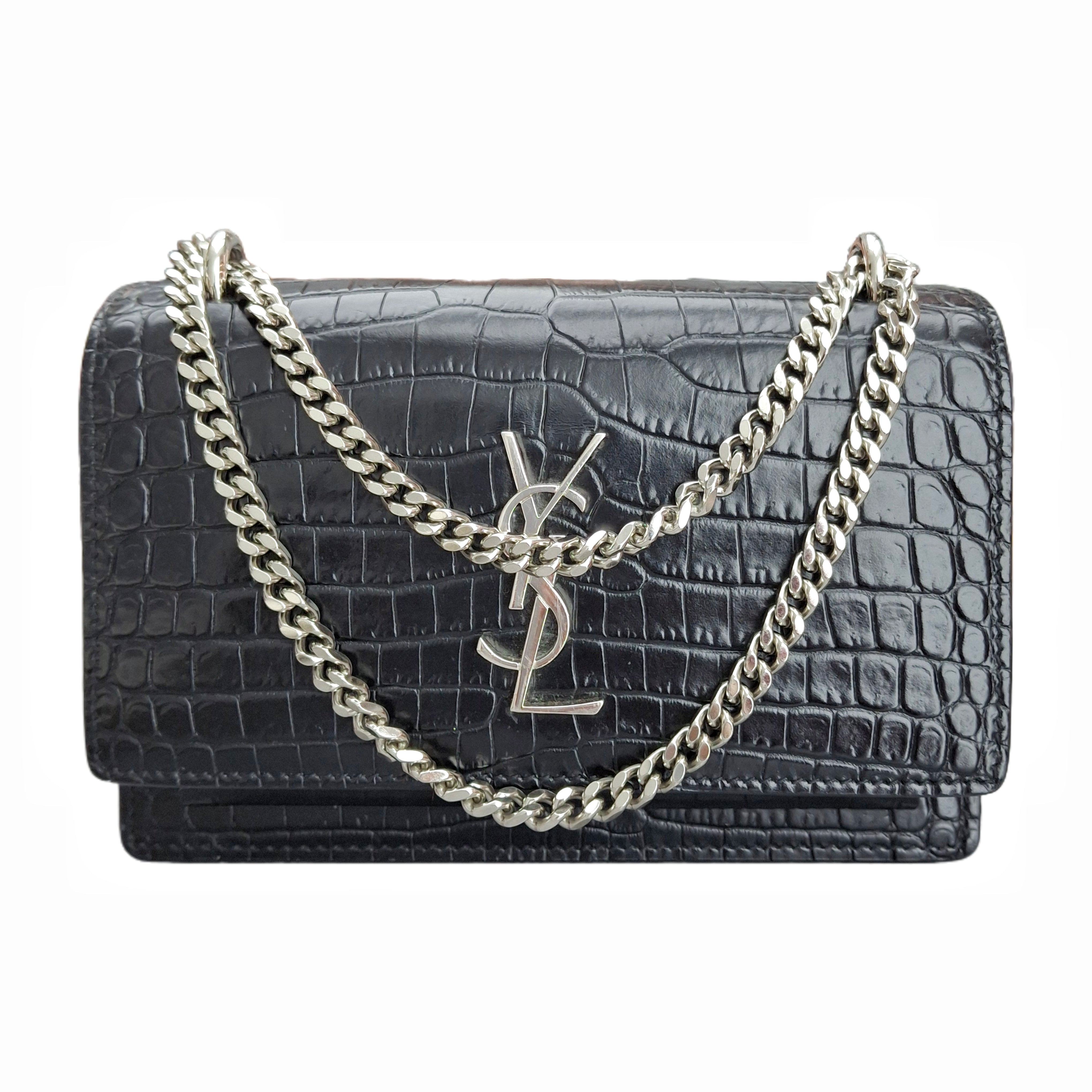 YSL Sunset Medium in Black Crocodile-Embossed Leather