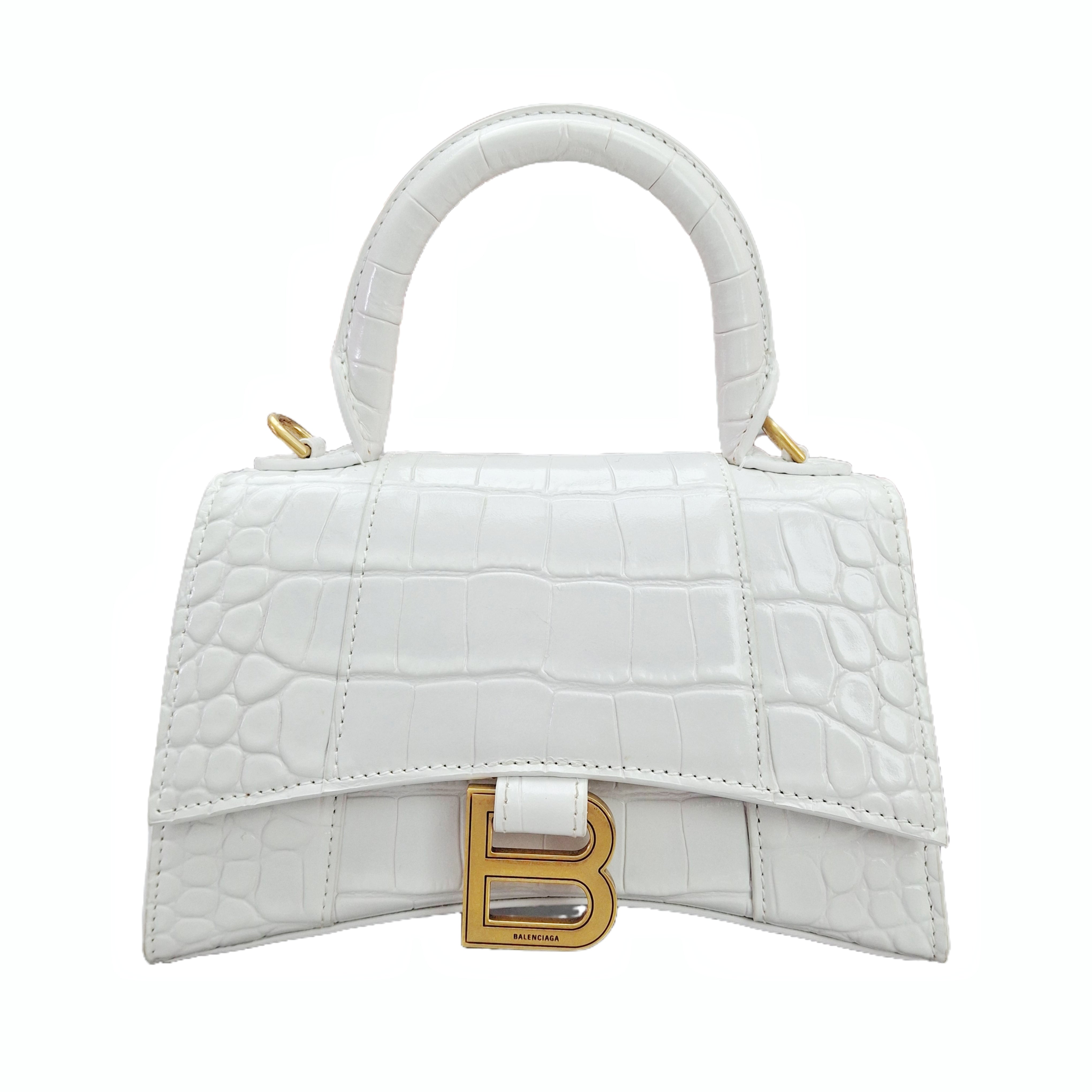 Balenciaga Hourglass Small Handbag Crocodile Embossed in White