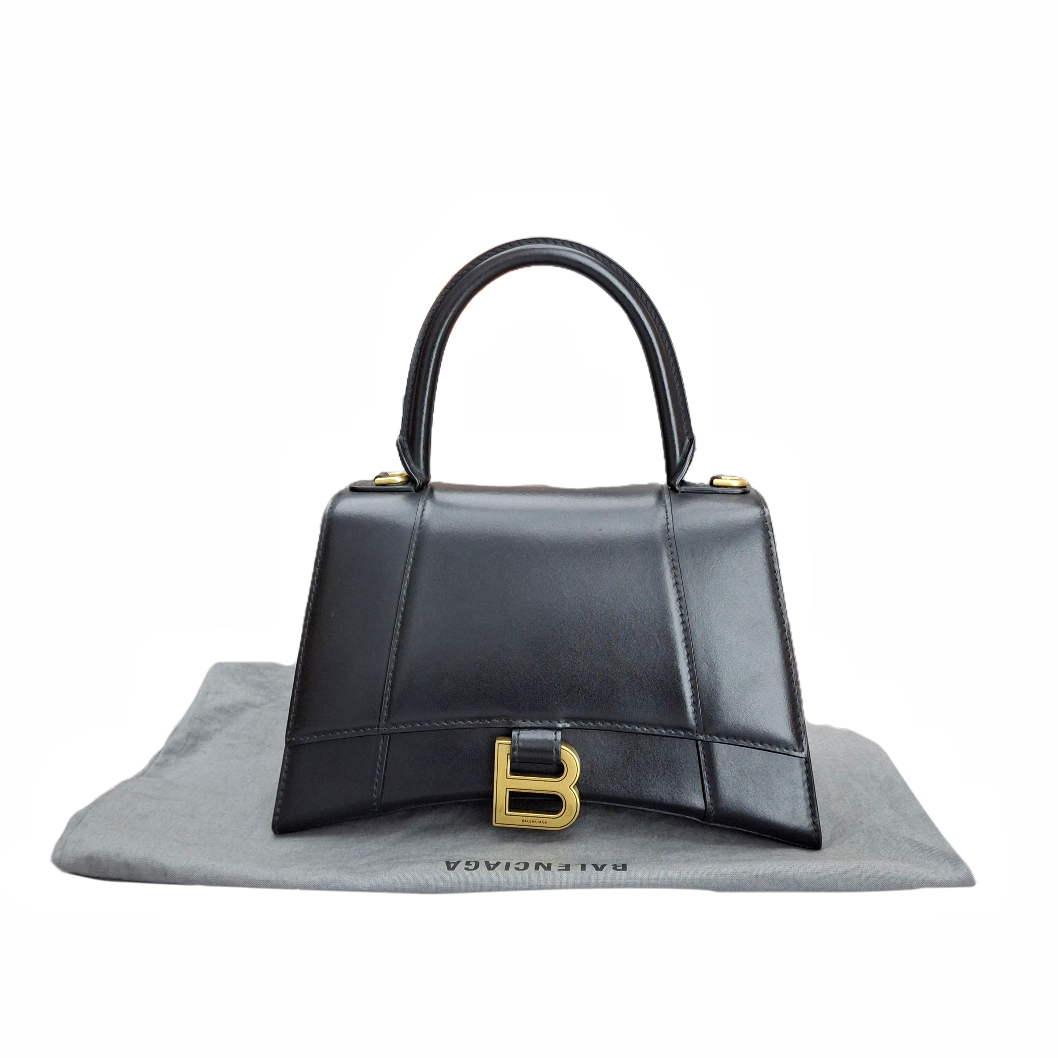 Balenciaga Hourglass Small Handbag Calfskin Shiny Box in Black