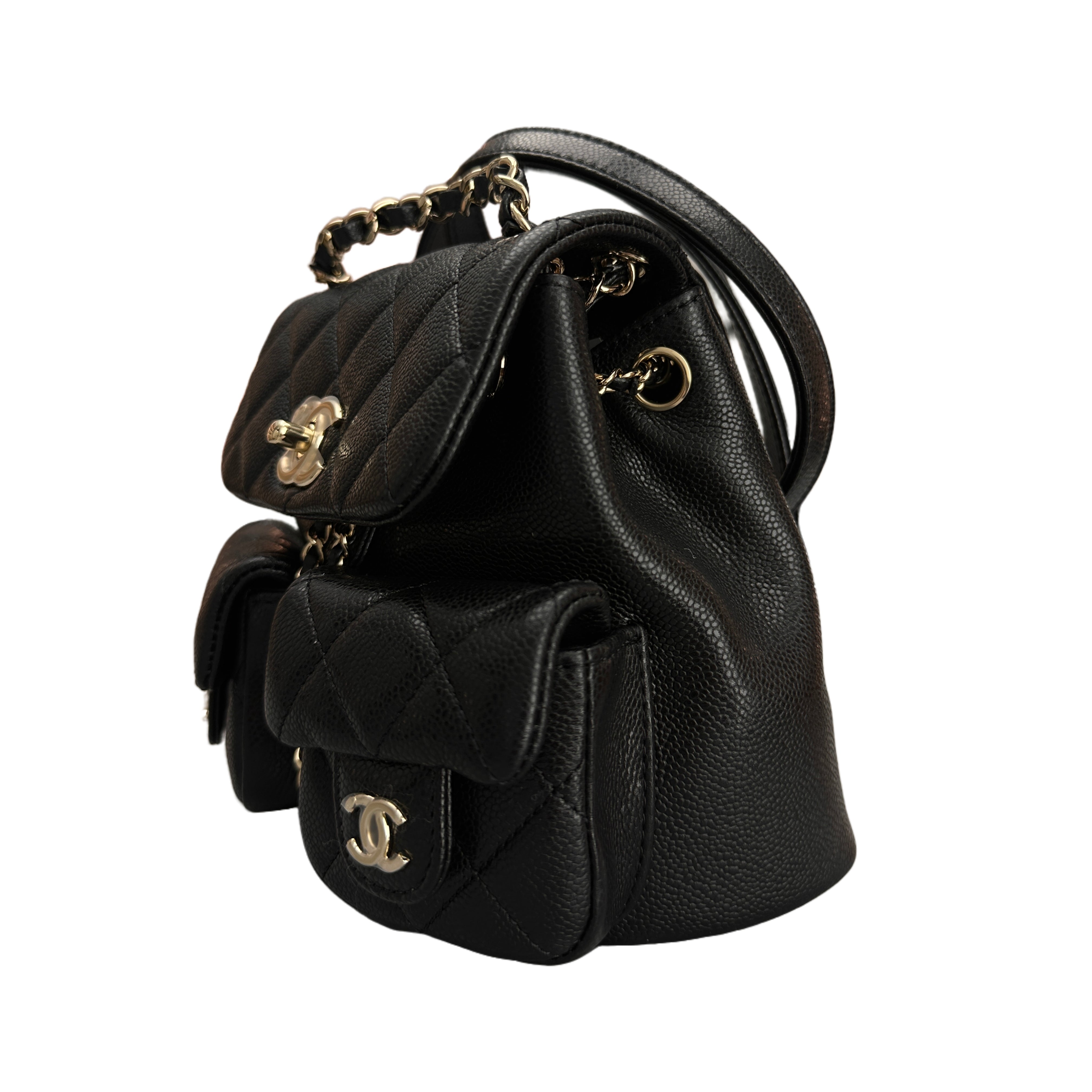 CHANEL 24A MINI DUMA Backpack in Calfskin Black LGHW (Microchip)