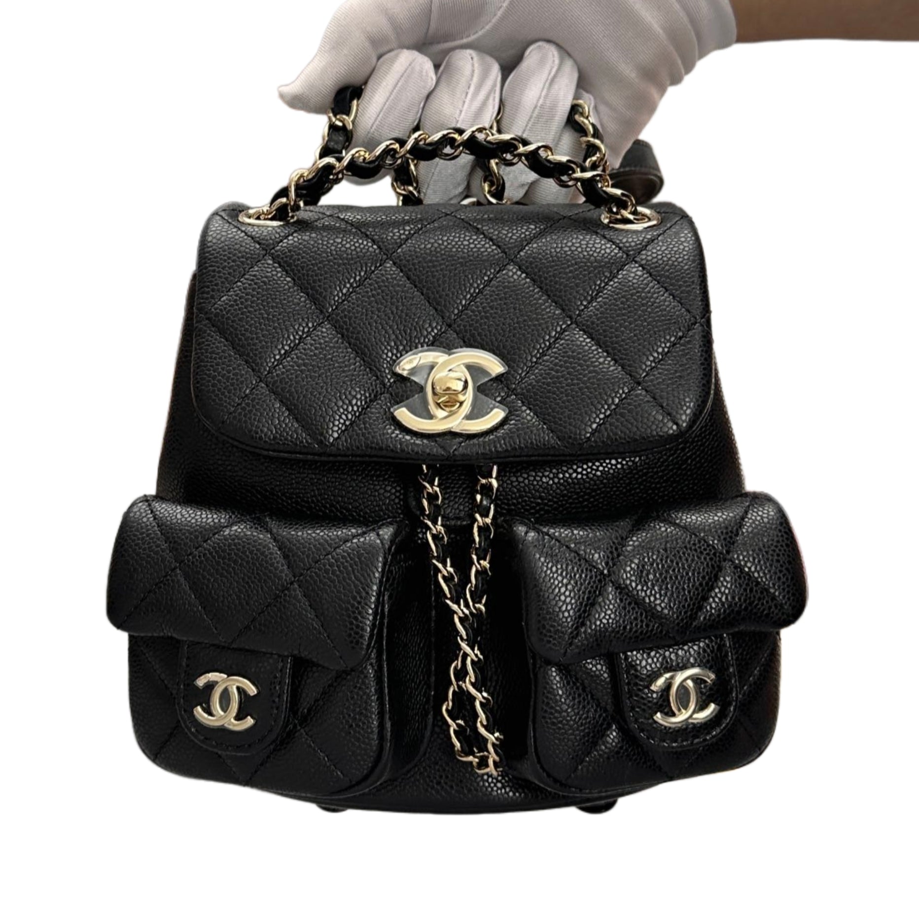 CHANEL 24A MINI DUMA Backpack in Calfskin Black LGHW (Microchip)