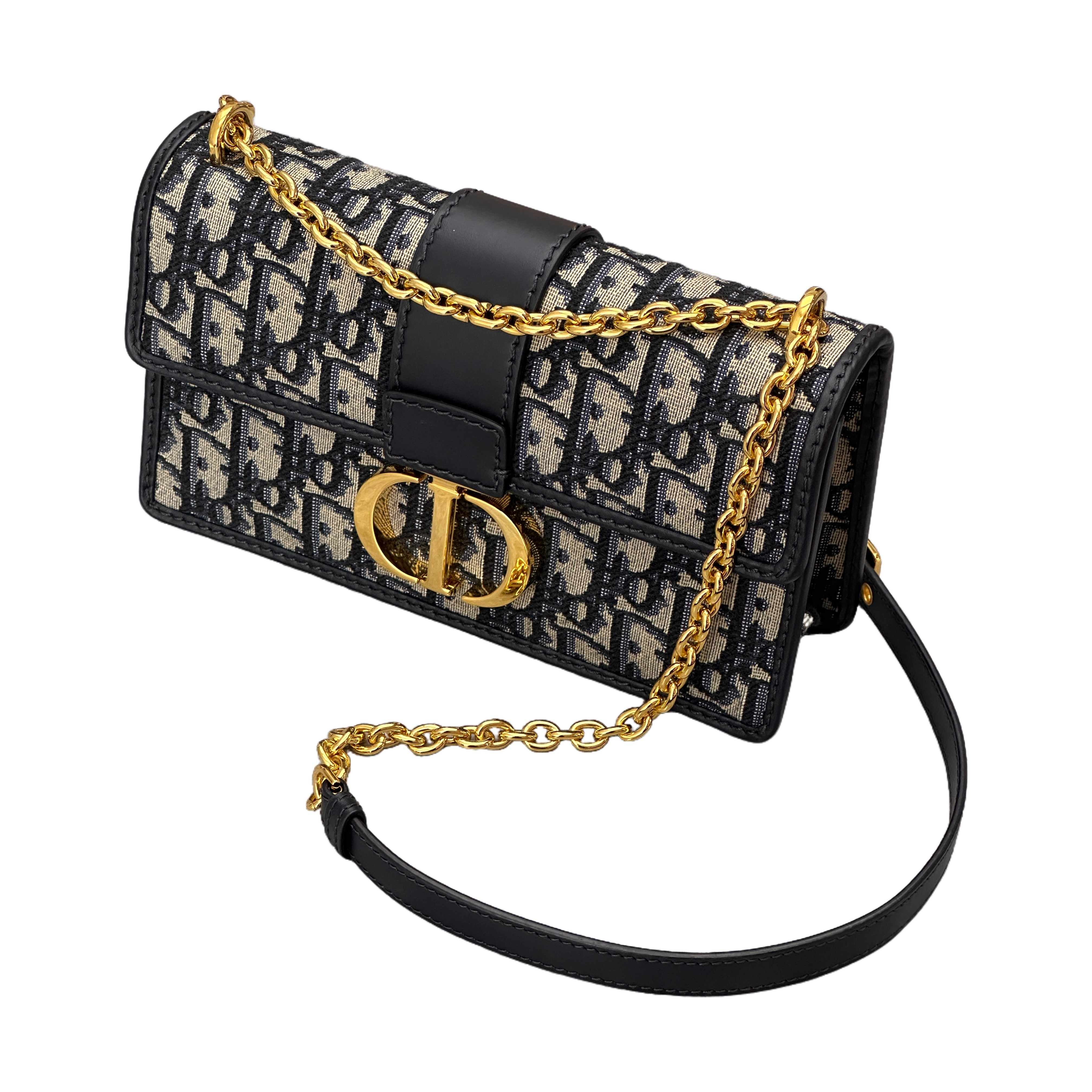 CHRISTIAN DIOR 30 Montaigne East-West Bag with Chain （Blue Dior Oblique Jacquard）