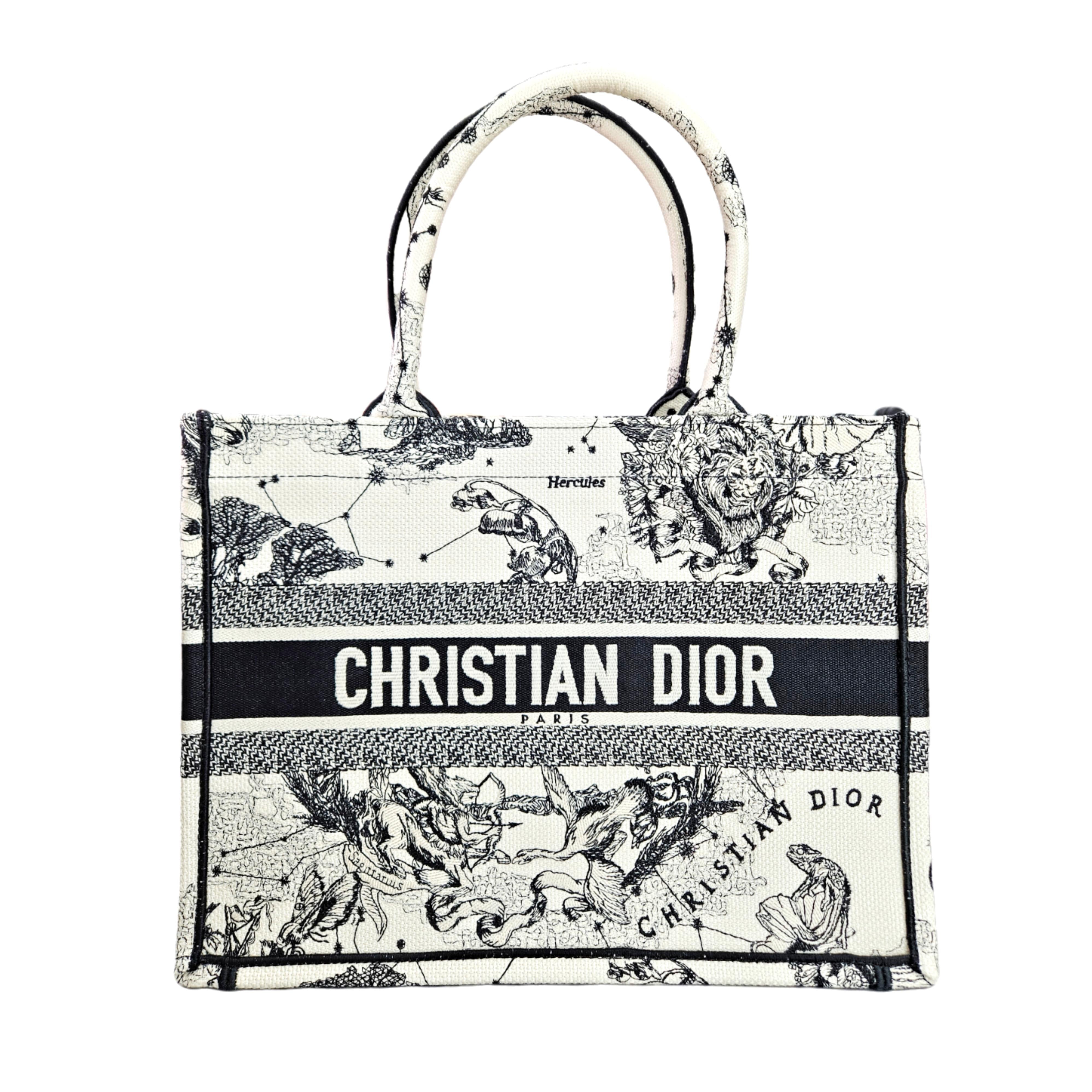 CHRISTIAN DIOR Medium Dior Book Tote (Latte and Black Dior Zodiac Embroidery)