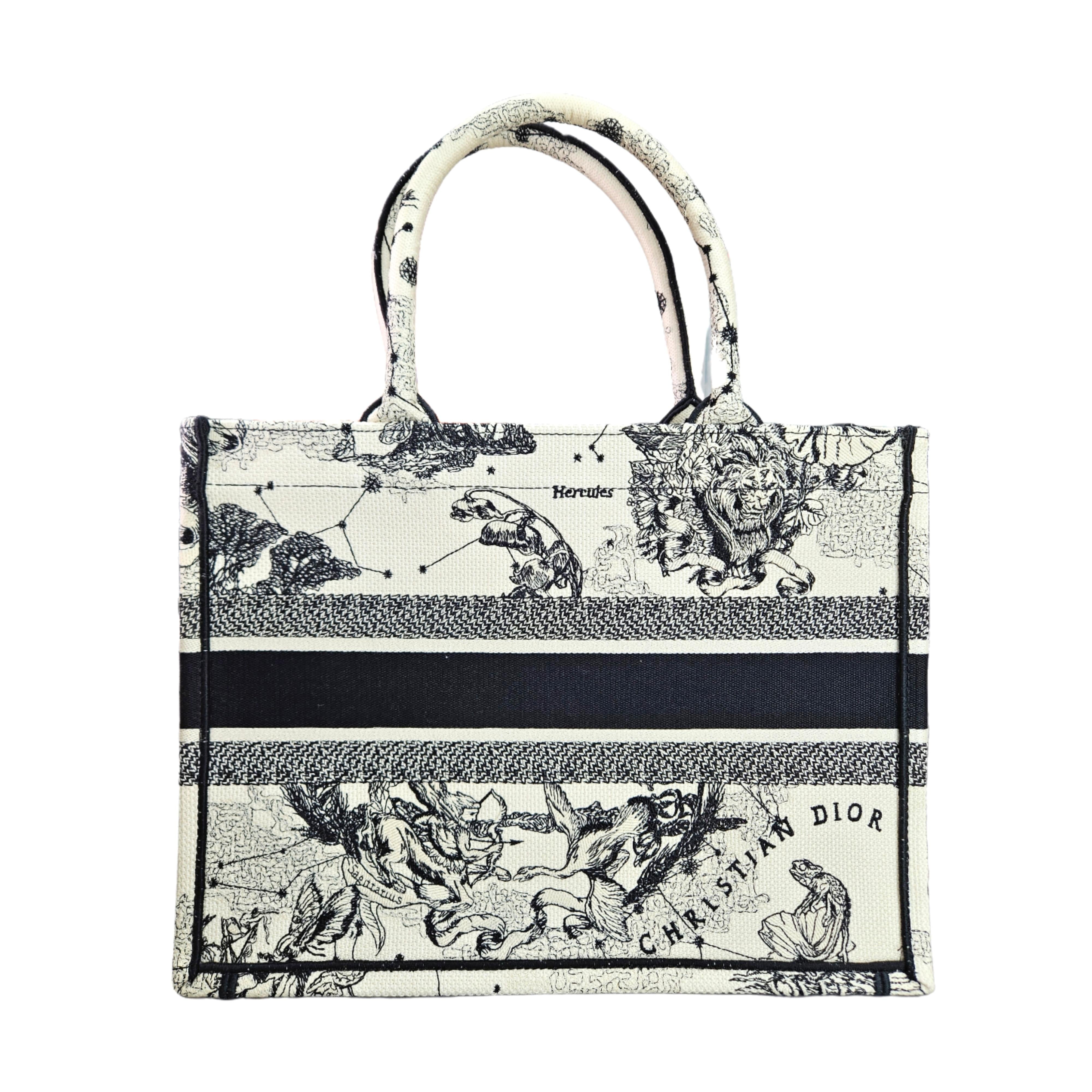 CHRISTIAN DIOR Medium Dior Book Tote (Latte and Black Dior Zodiac Embroidery)