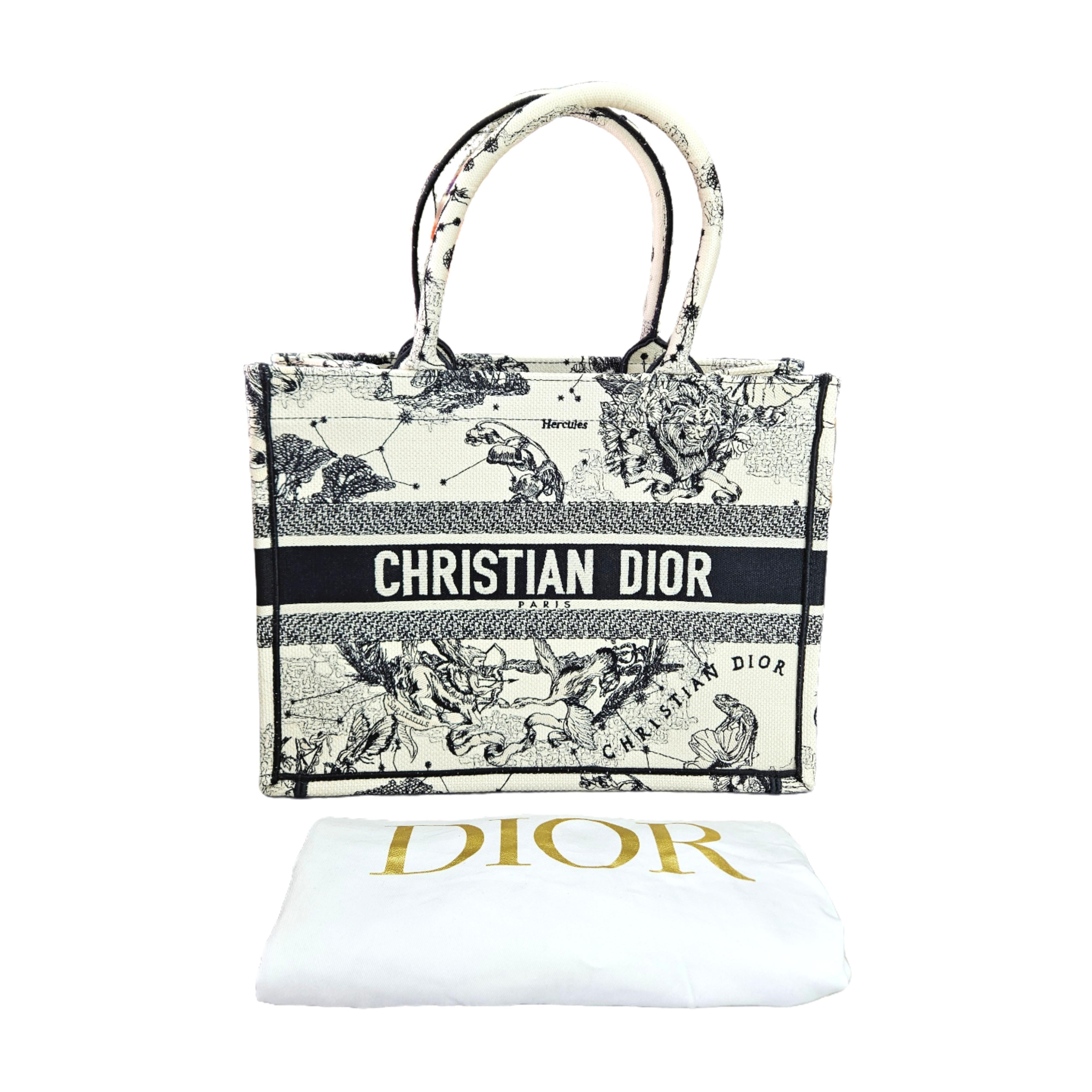 CHRISTIAN DIOR Medium Dior Book Tote (Latte and Black Dior Zodiac Embroidery)