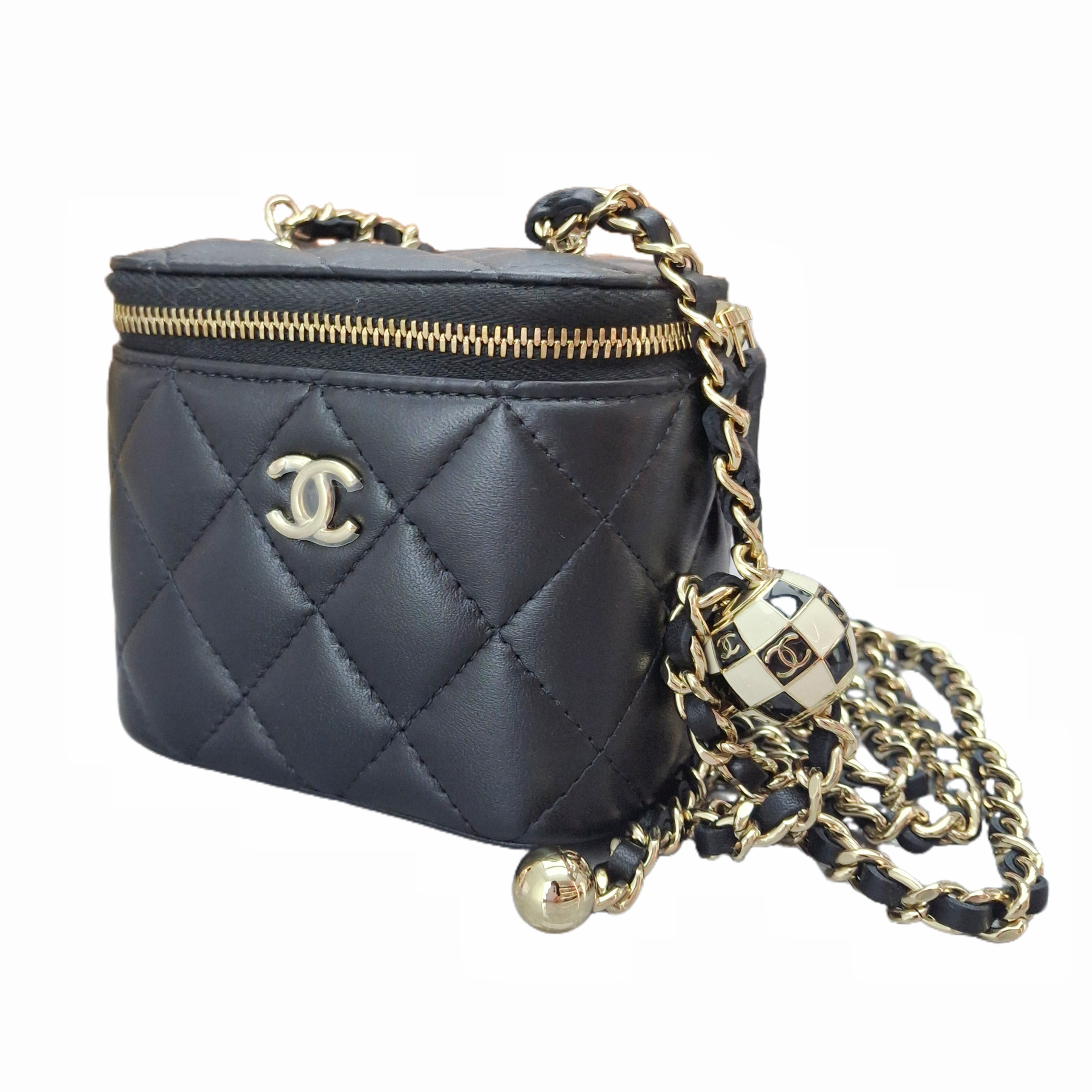 CHANEL MINI Vanity Case with Pearl Crush Clutch with Chain （Black Caviar)