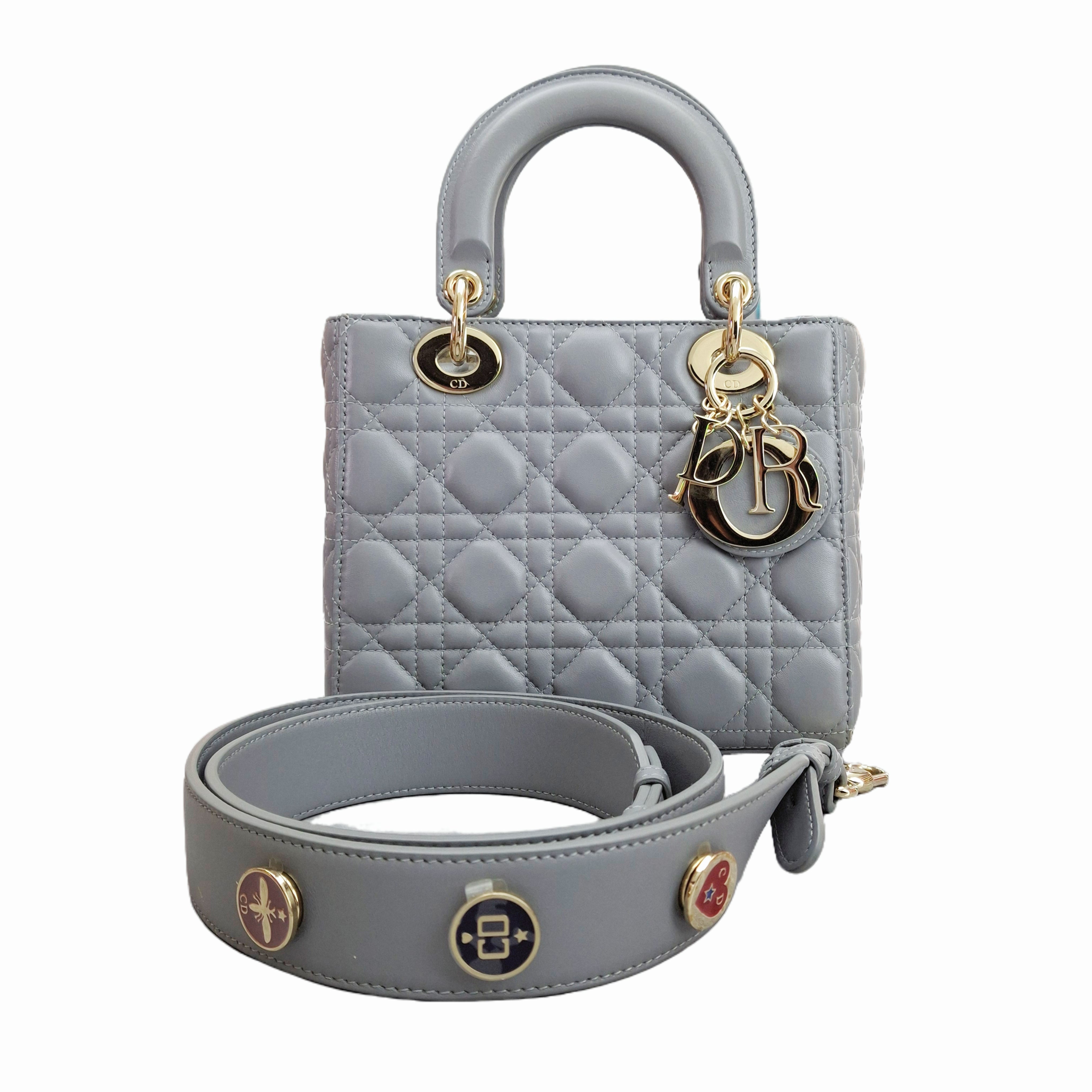 CHRISTIAN DIOR Small ladybag Opaline Gray Pearlescent Cannage Lambskin