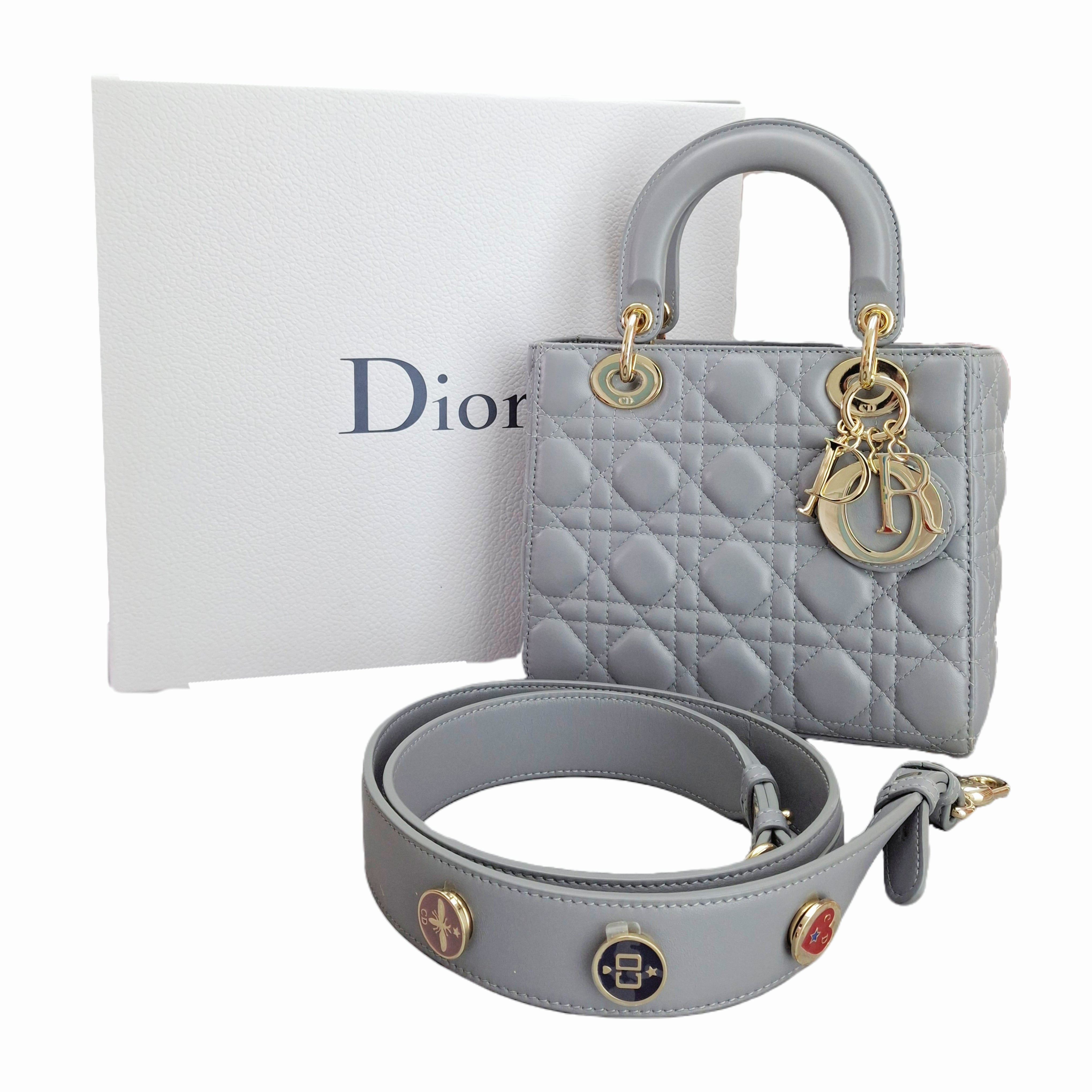 CHRISTIAN DIOR Small ladybag Opaline Gray Pearlescent Cannage Lambskin