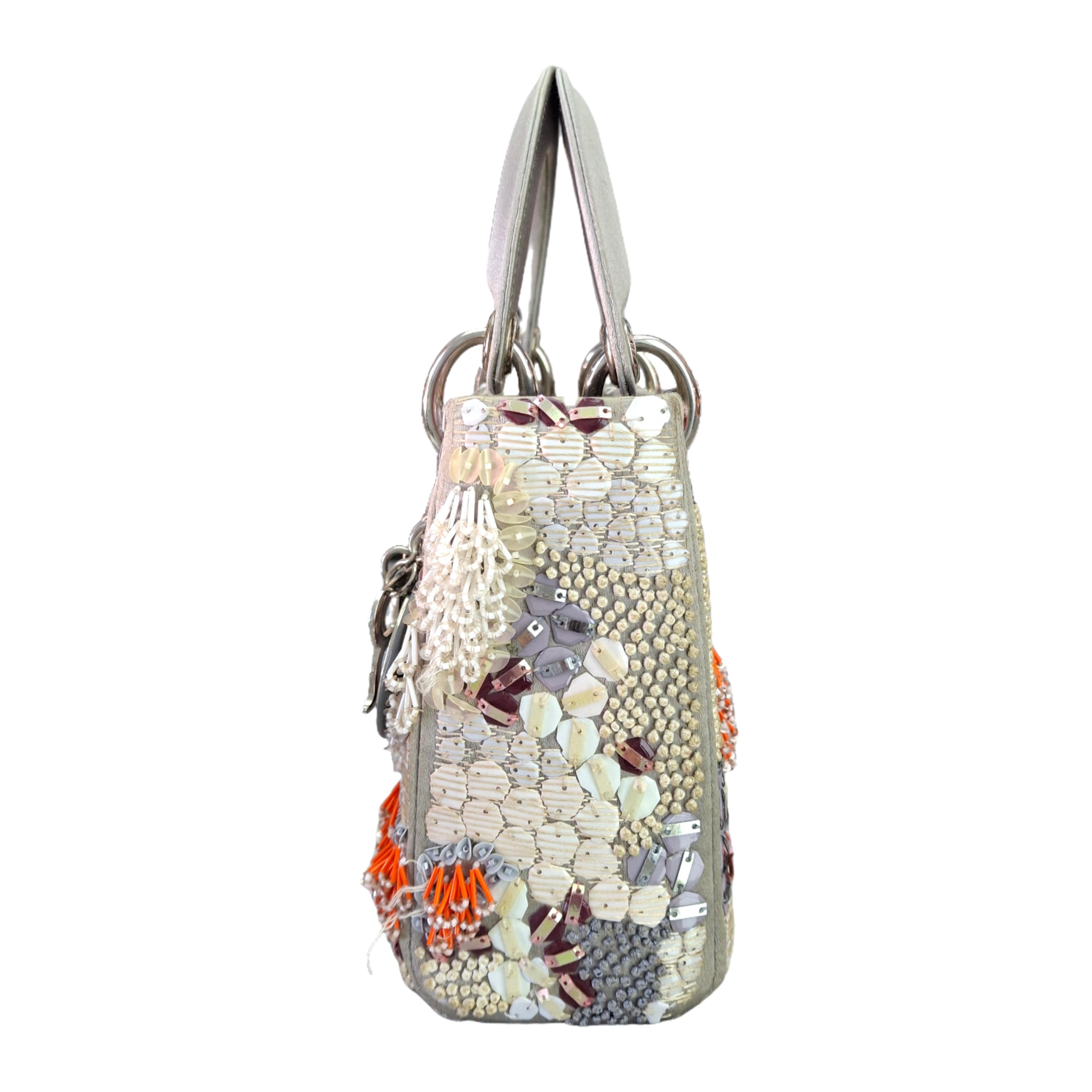 CHRISTIAN DIOR Mini Embroidered ladybag Silvery Gray Satin （Limited Edition）