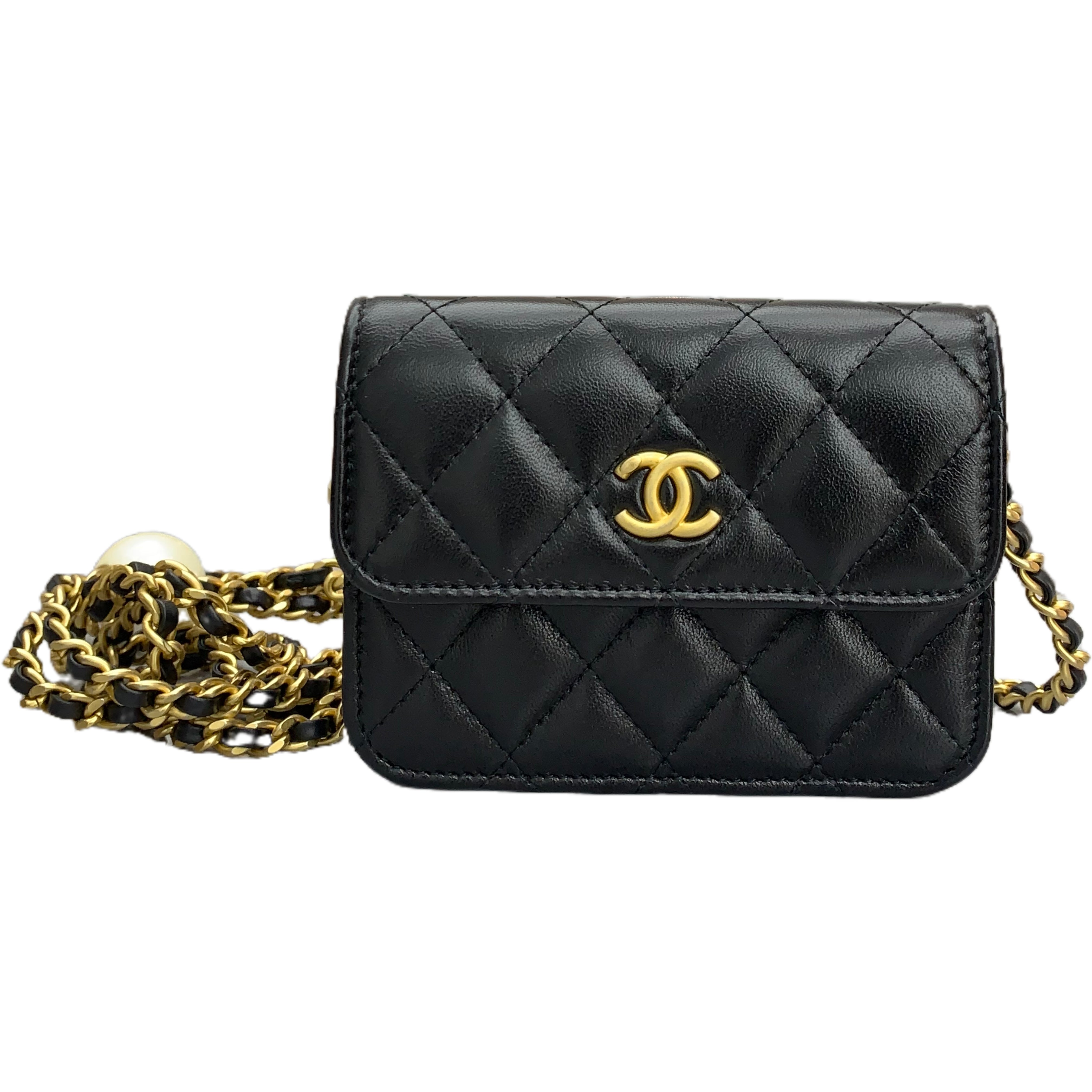 Chanel 24SS Mini Crossbody Flap Bag Lambskin with Imitation Pearls and Gold Metal (Black)