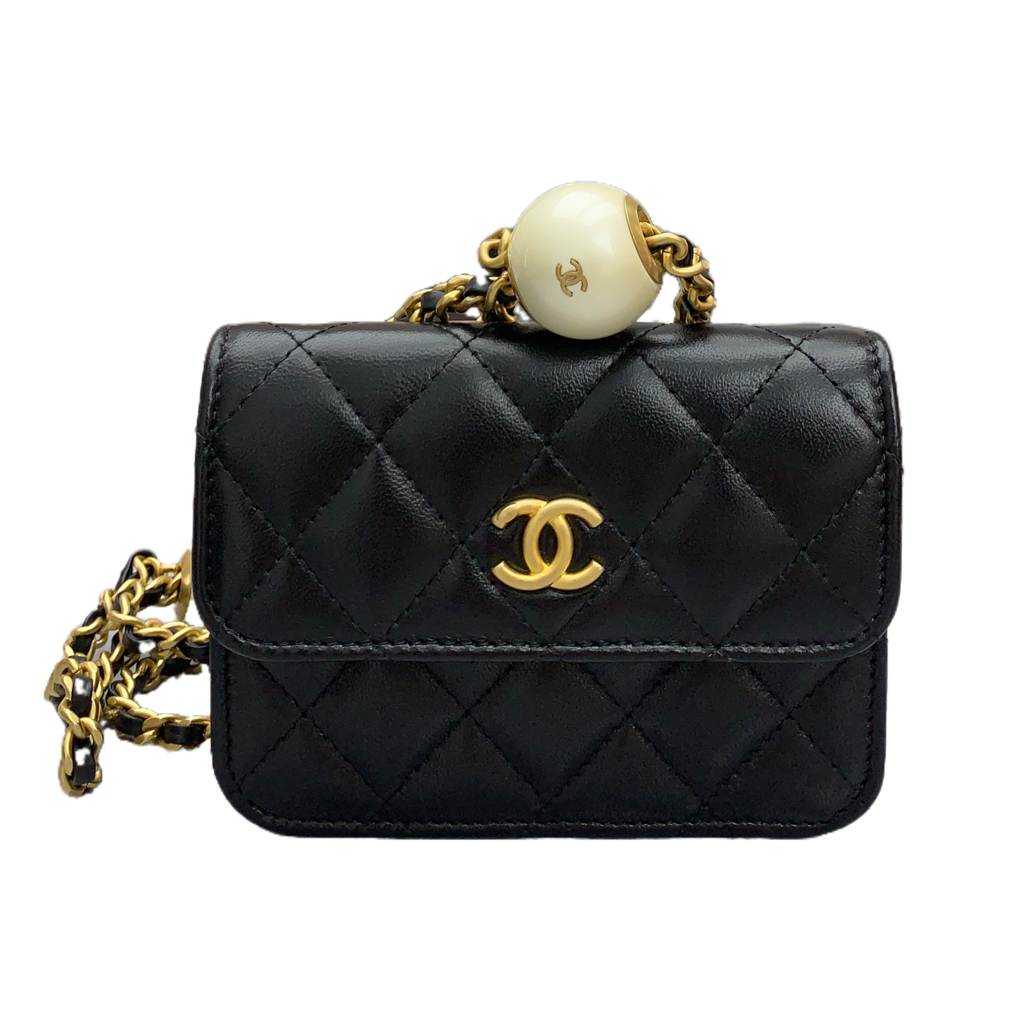 Chanel 24SS Mini Crossbody Flap Bag Lambskin with Imitation Pearls and Gold Metal (Black)