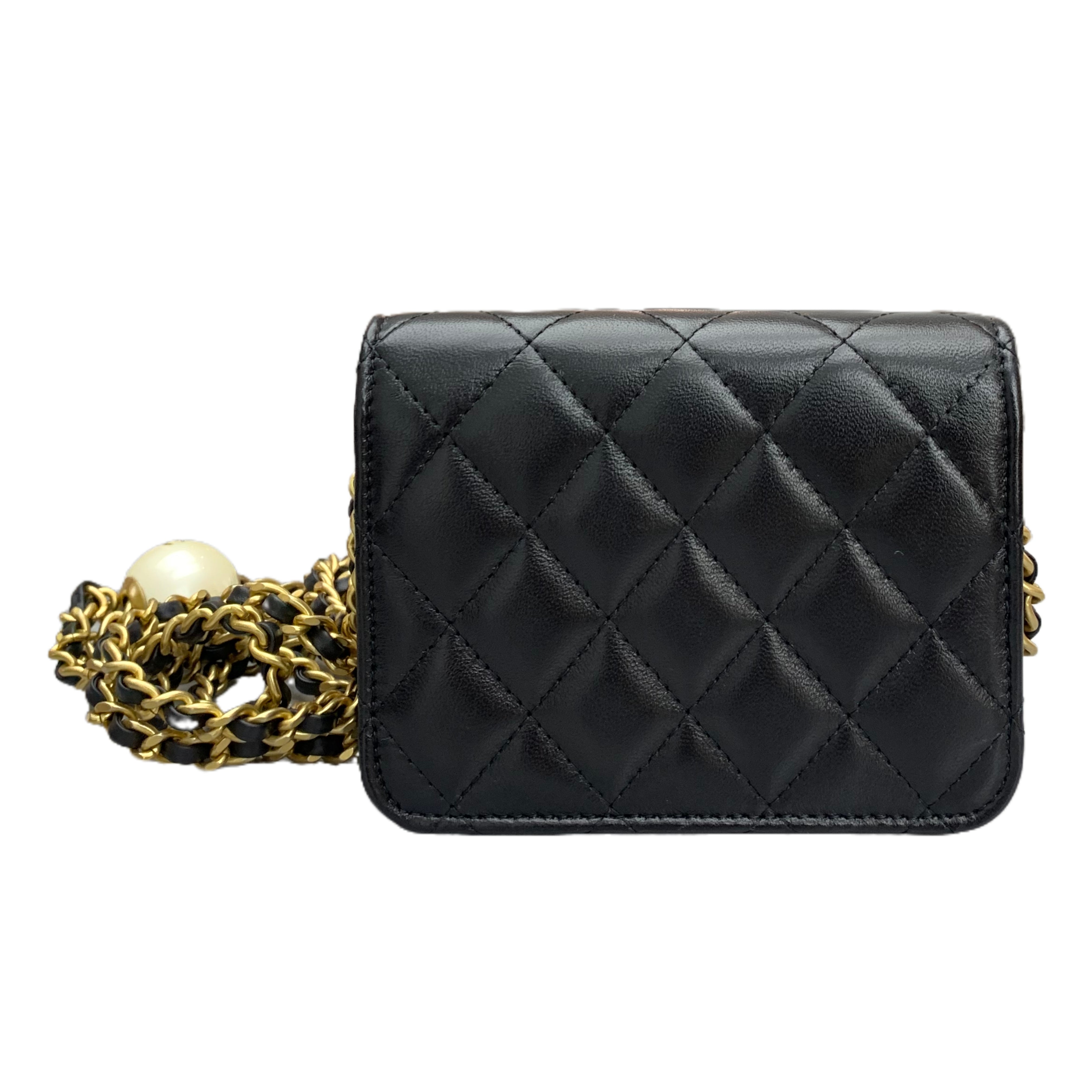 Chanel 24SS Mini Crossbody Flap Bag Lambskin with Imitation Pearls and Gold Metal (Black)