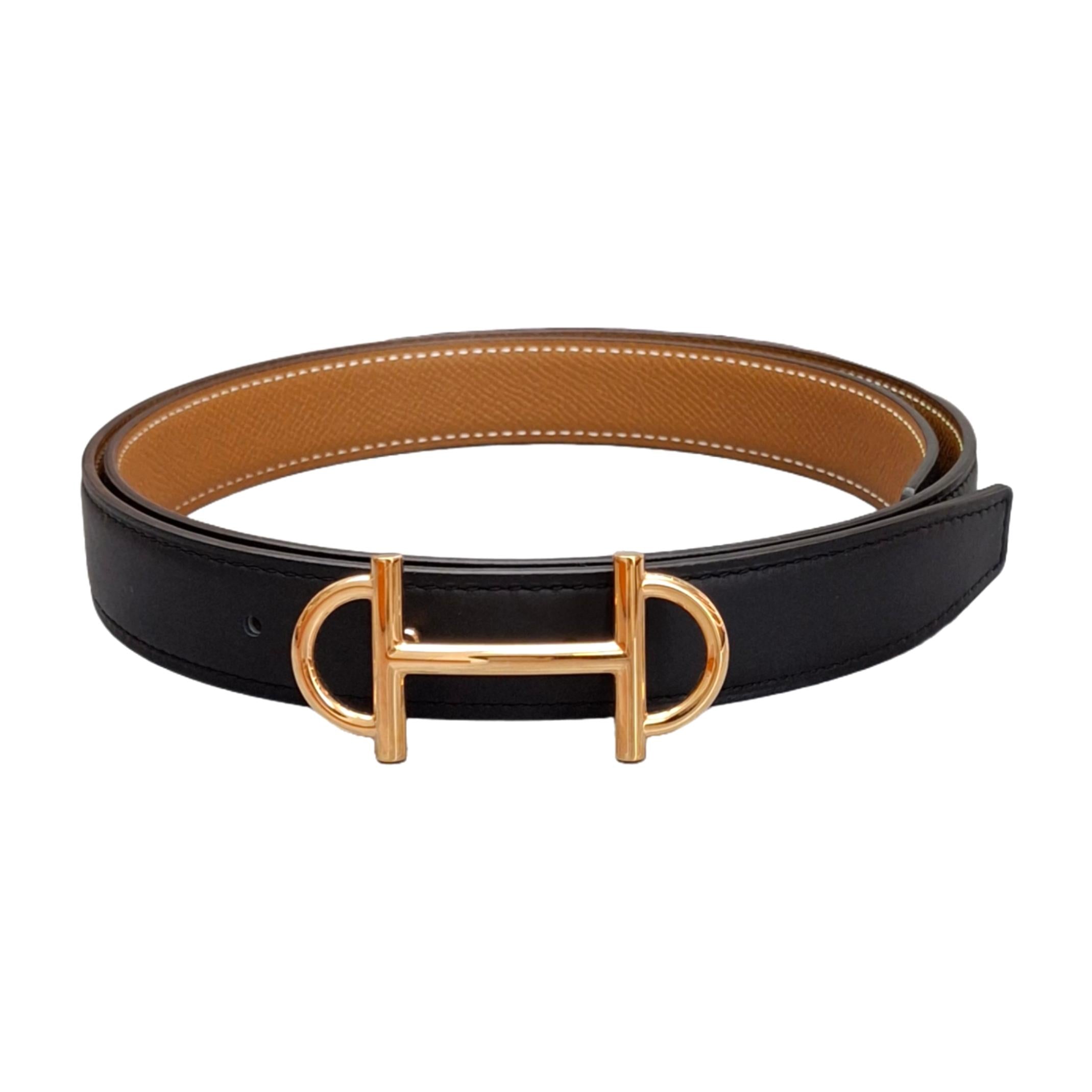 HERMÈS Gamma Gold belt buckle & Noir/Gold Reversible leather strap 24 mm