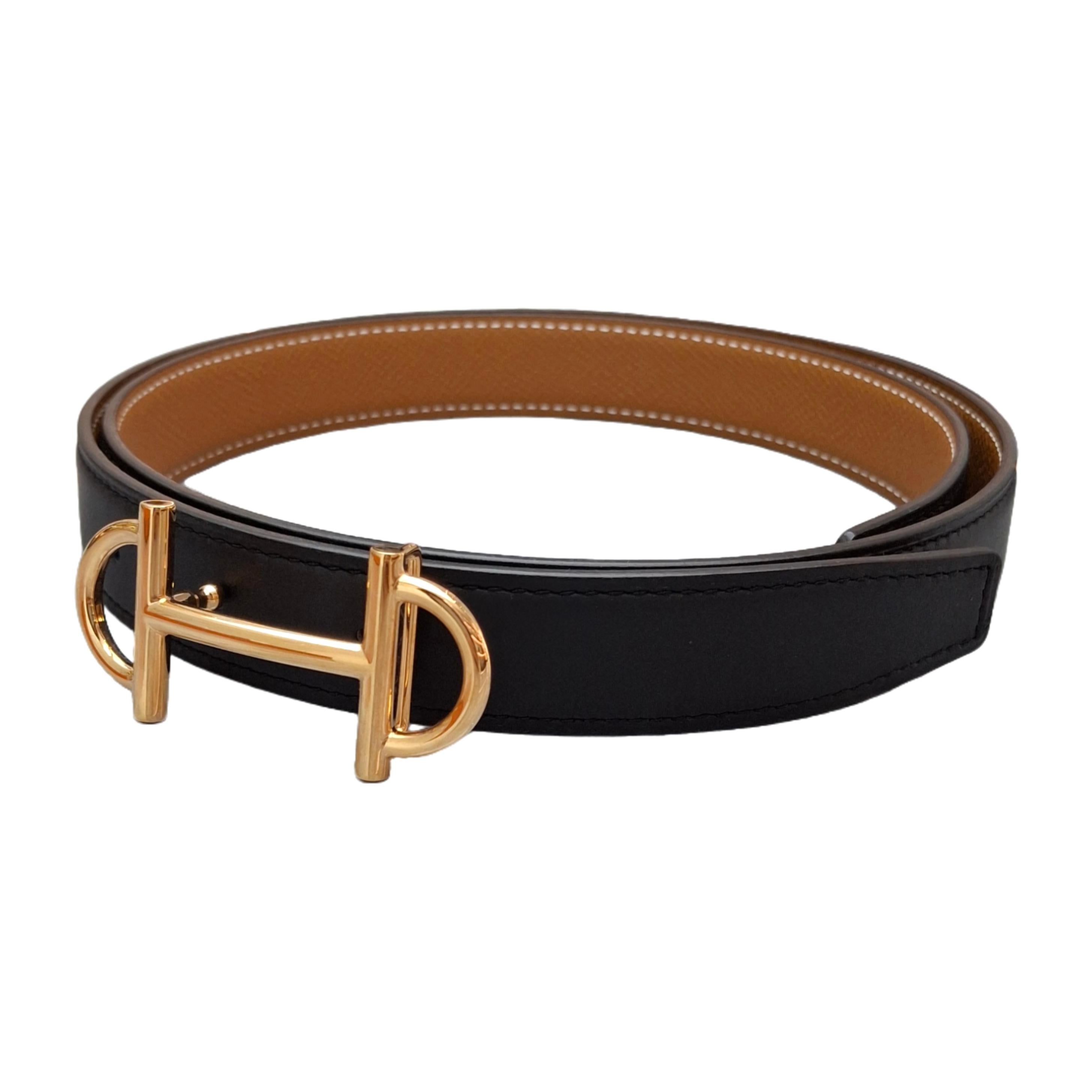 HERMÈS Gamma Gold belt buckle & Noir/Gold Reversible leather strap 24 mm