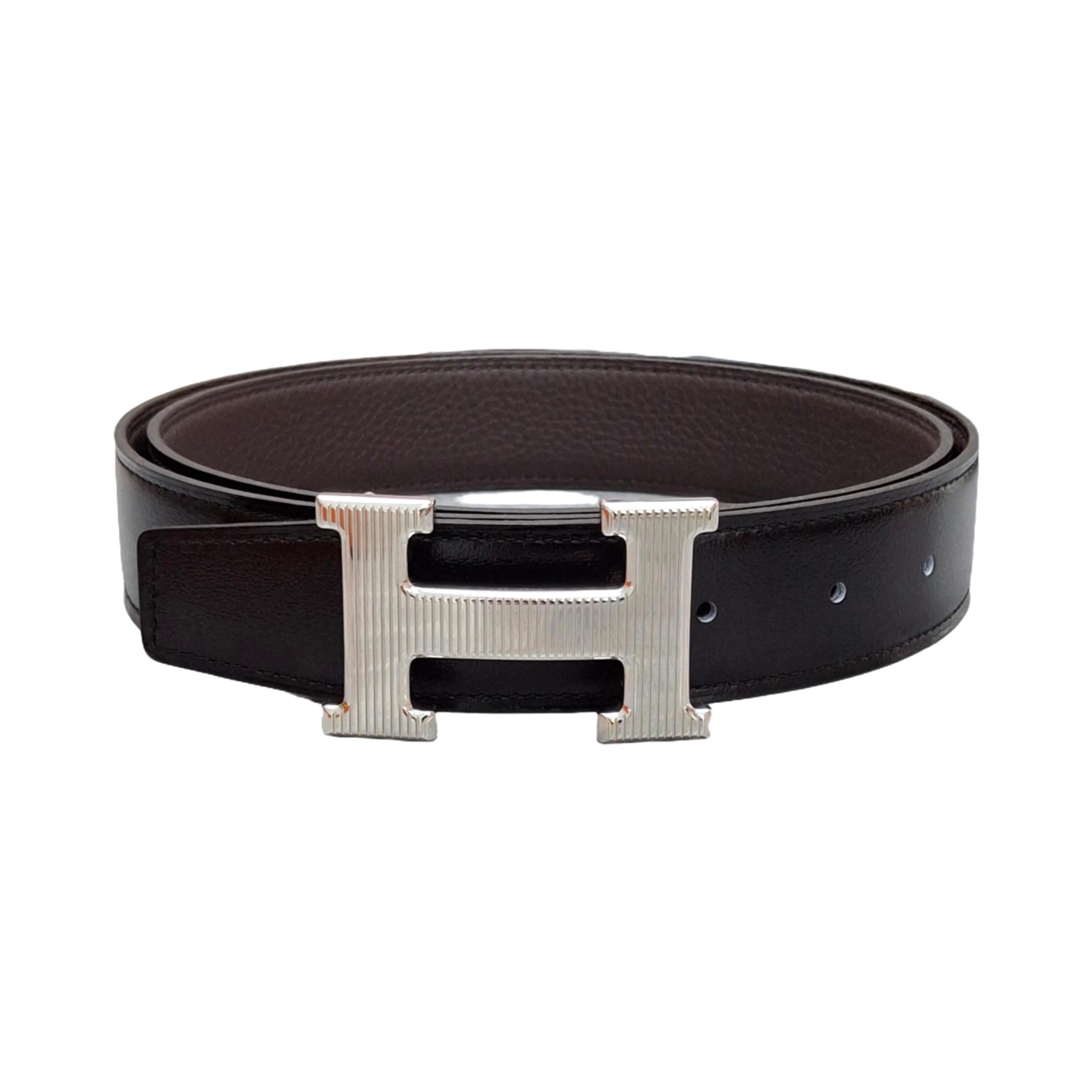 HERMÈS Constance Silver belt buckle & Noir Reversible leather strap 38 mm