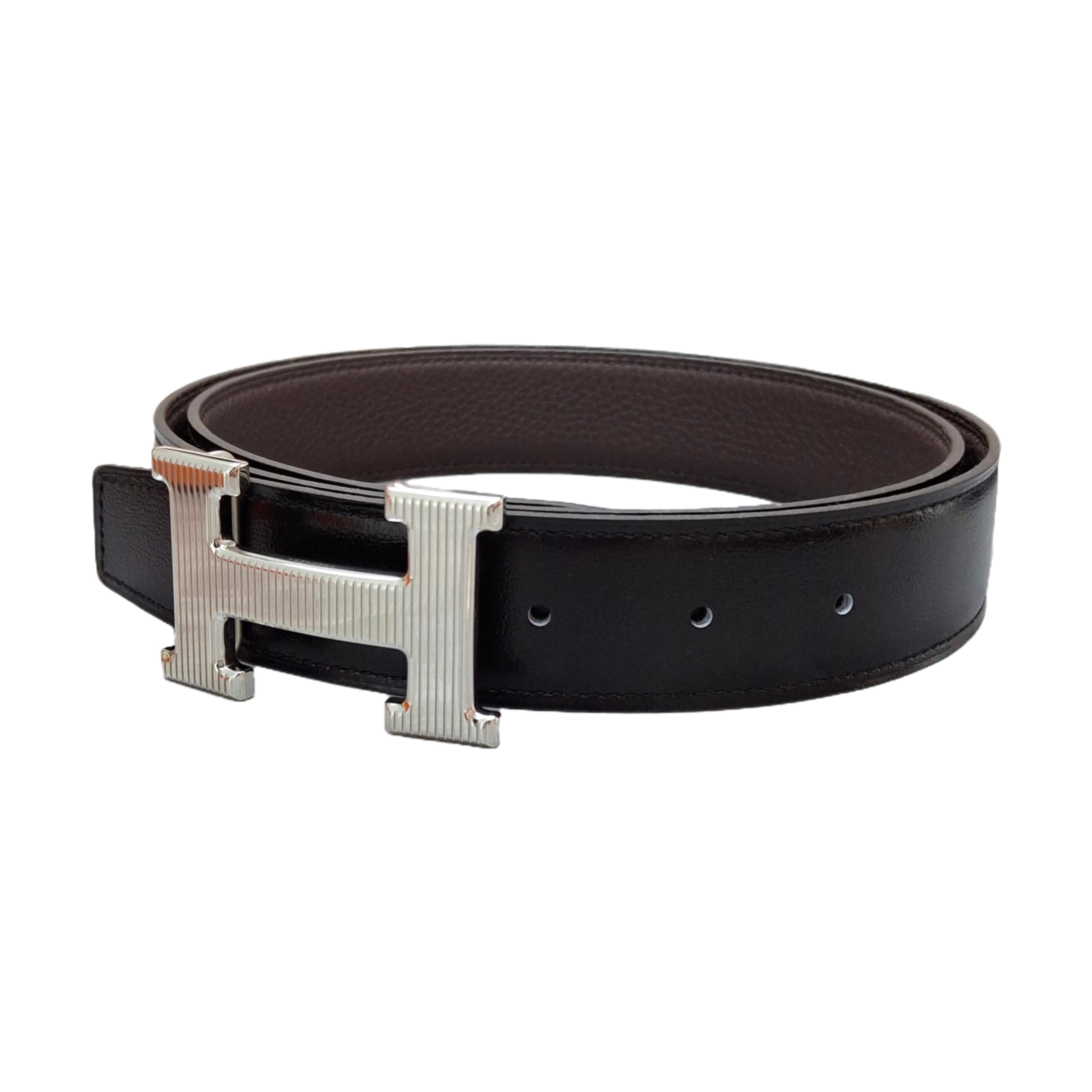 HERMÈS Constance Silver belt buckle & Noir Reversible leather strap 38 mm