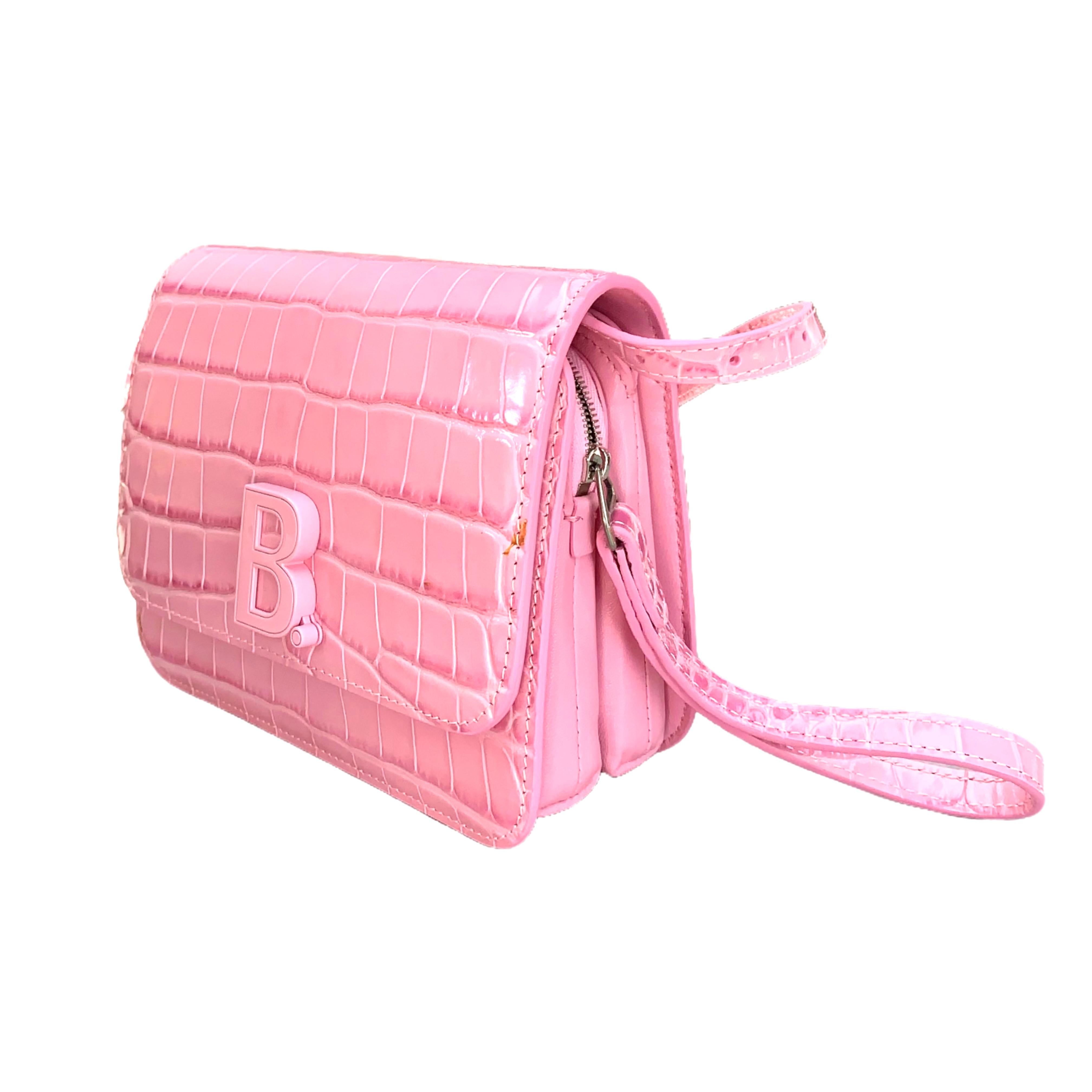 Balenciaga Shiny Crocdile Box Small B Bag in Baby Pink