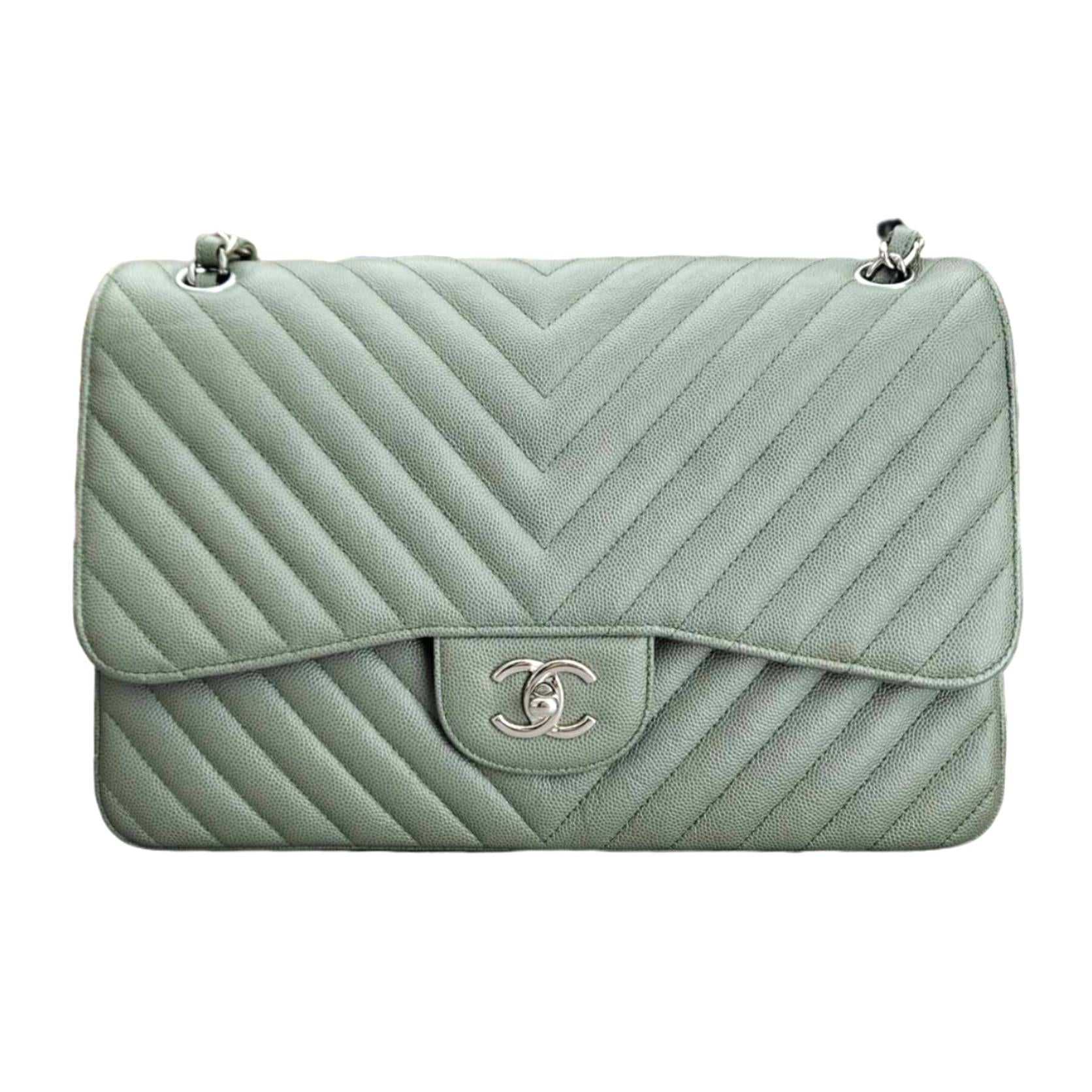 CHANEL Chevron Quilted Jumbo Flap Bag Silver Hardware (Sage Green)