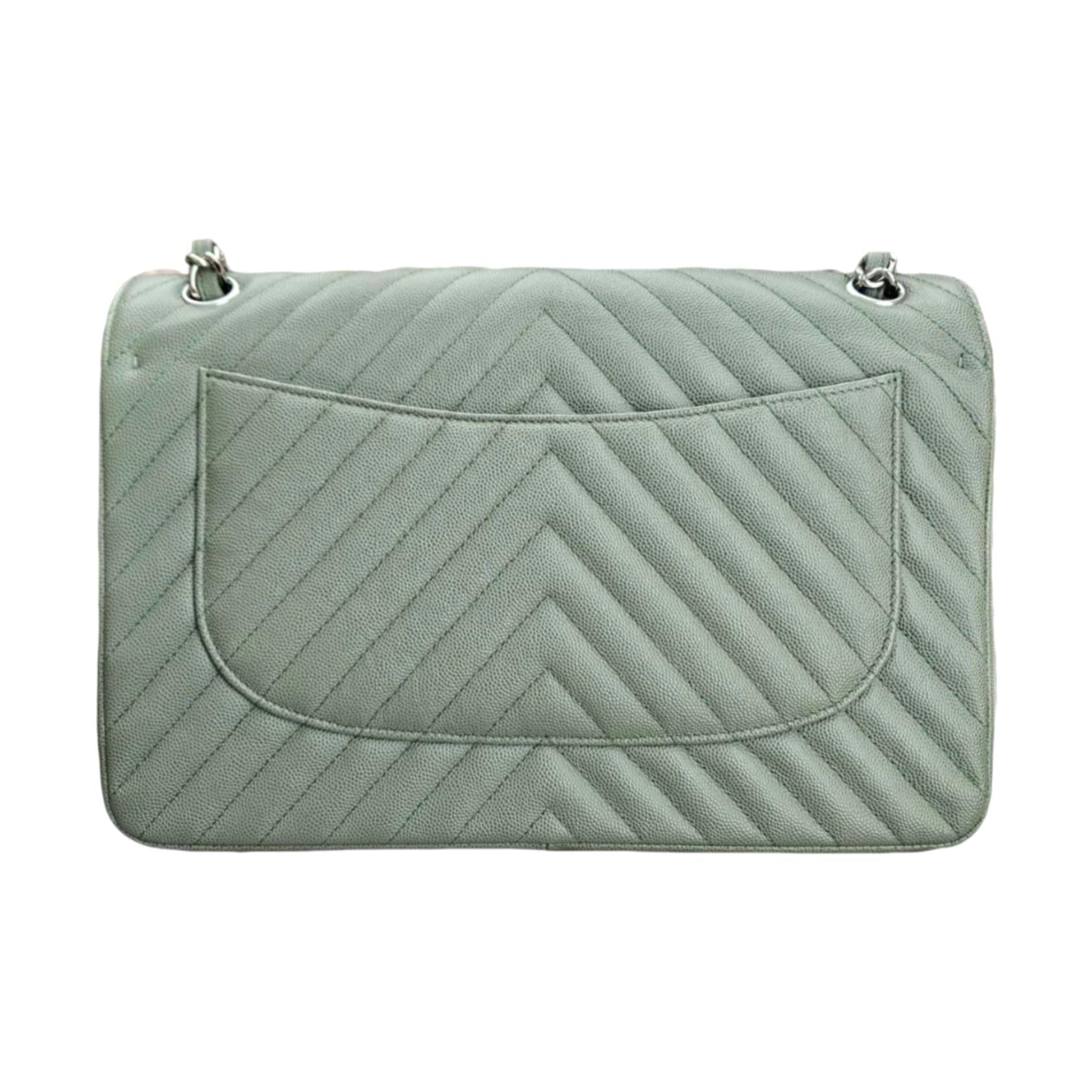 CHANEL Chevron Quilted Jumbo Flap Bag Silver Hardware (Sage Green)